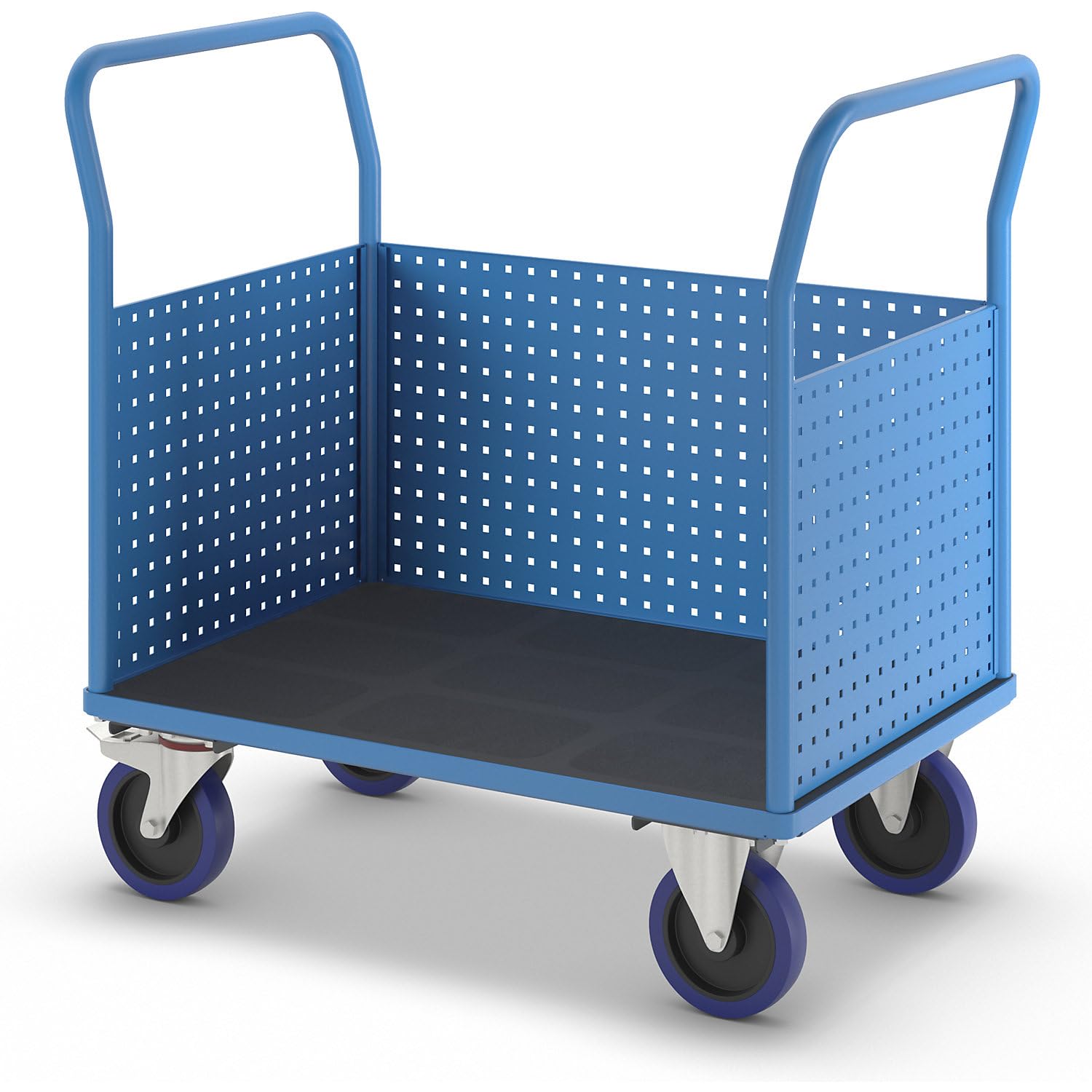 eurokraft pro | Plattformwagen | Mit 3 hohen Lochblechwänden, LxB 1050 x 700 mm, Vollelastik