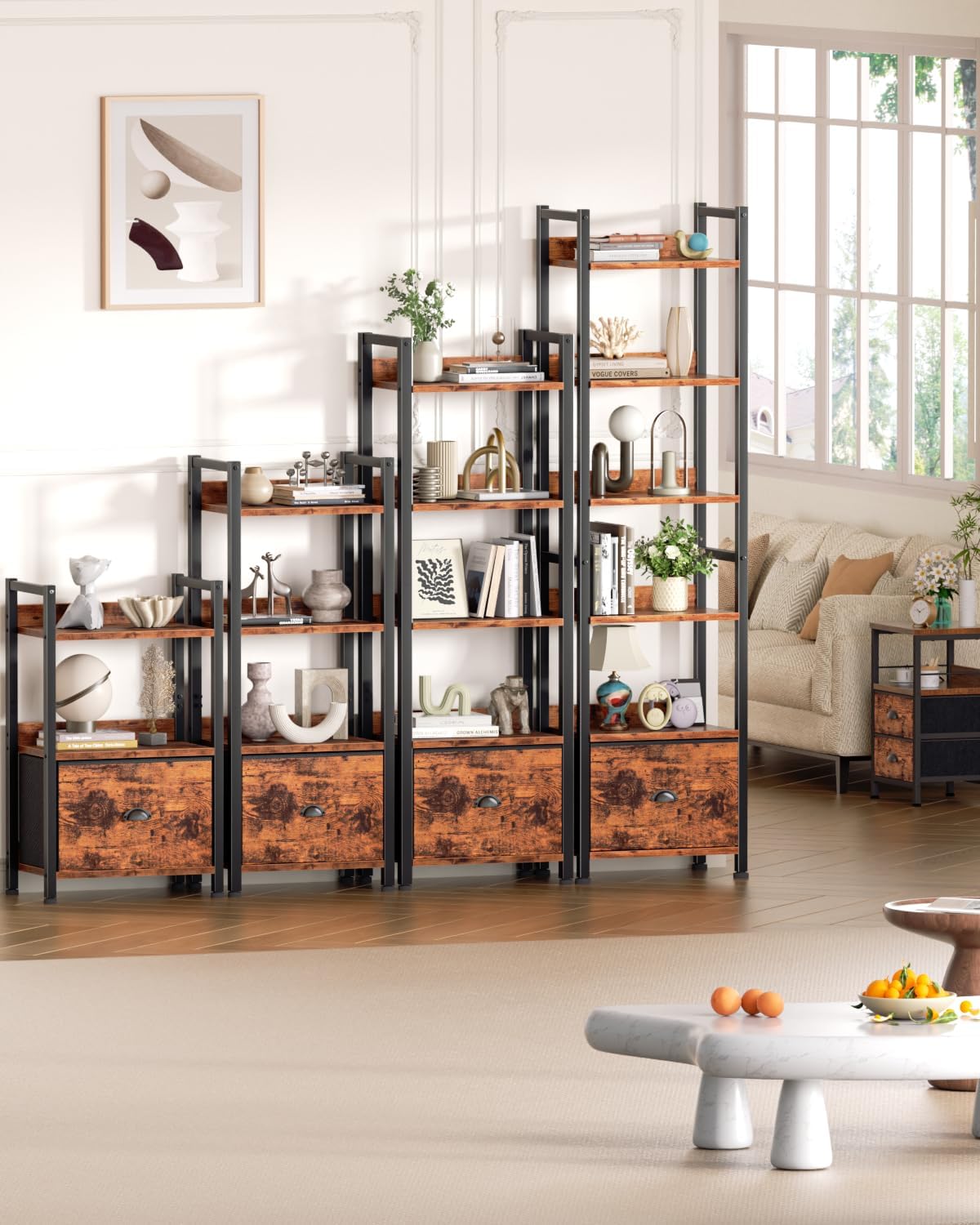 Furologee 6 Tier Bookshelf, Tall Shelf with Drawer, Wood and Metal Bookshelves Storage Organizer, Industrial Display Shelving Unit for Bedroom, Living Room, Home Office, Rustic Brown