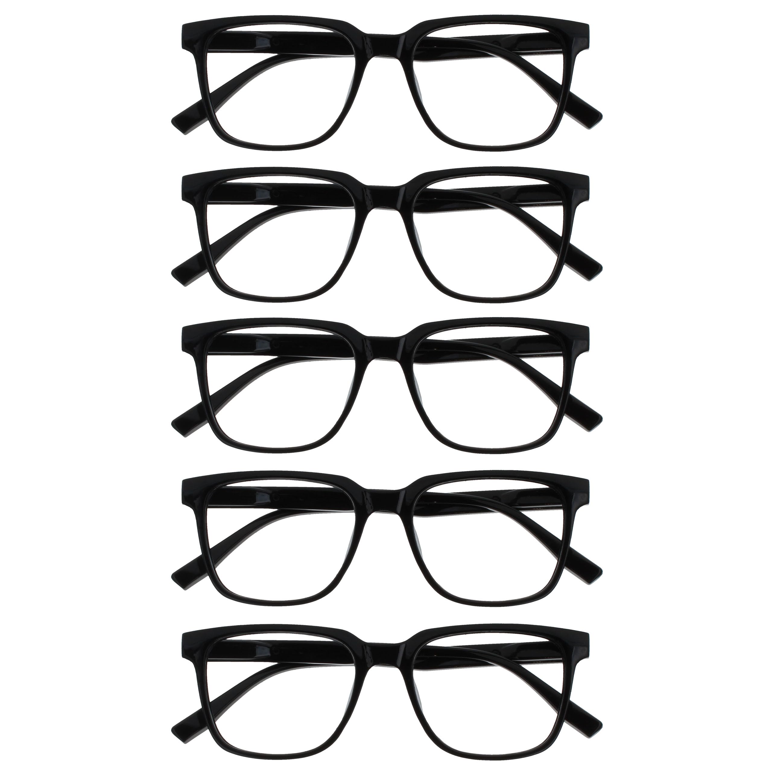 OPULIZE LEO Reading Glasses - 5 -Pack - Large Rectangular Frame - Black - Mens Womens - Spring Hinges - RRRRR55-1 - +1.50