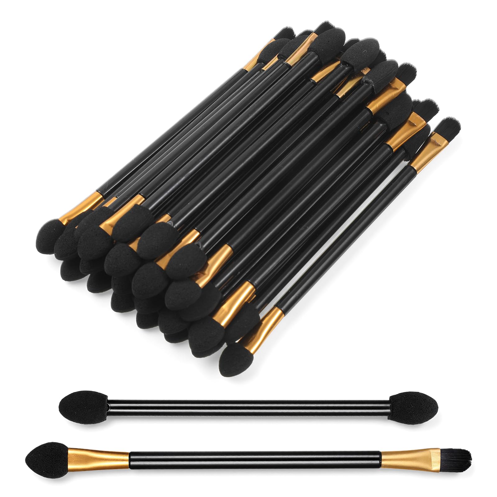 50 PCS Disposable Eyeshadow Applicators, Dual-Sided Sponge & Brush Double-Head Makeup Sticks, Professional Cosmetic Tools with Flat/Round Handle for Eye Makeup Lip Eyeliner & Eyeshadow Blend (Black)