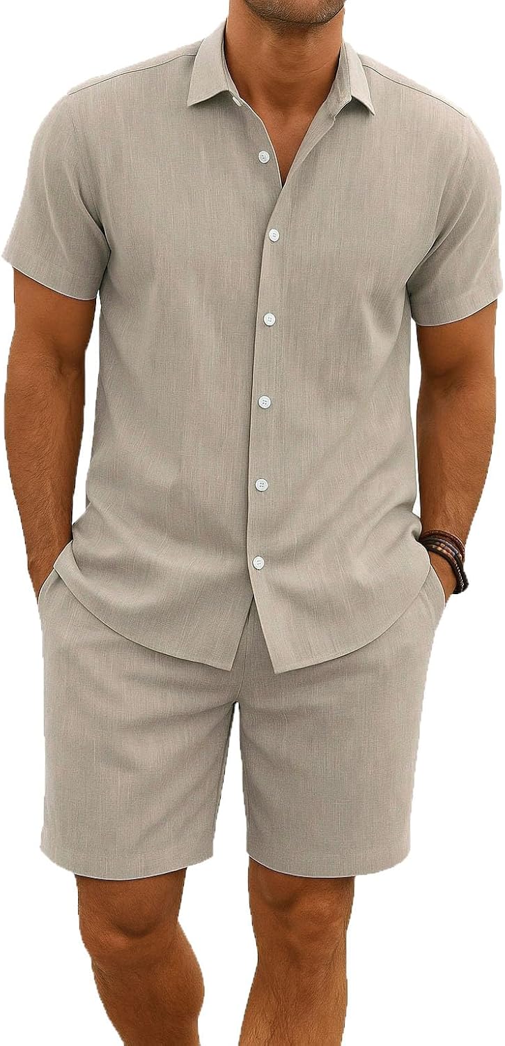Summer Beach party hawaiian Outfits 2 Piece Short Sleeve Shirts and Shorts Vacation Texture Linen Sets for Men