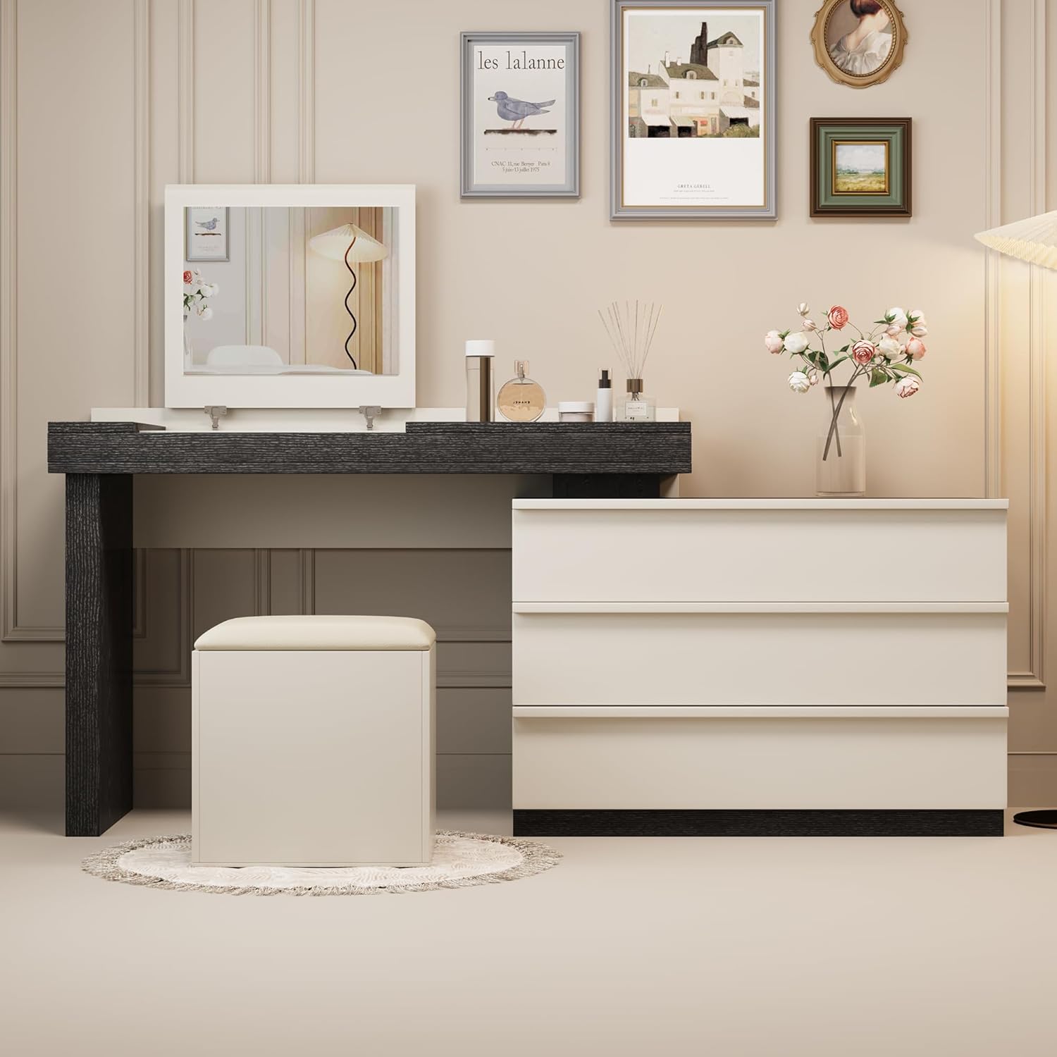 47-70 Inches Modern Extendable Makeup Vanity with Mirror, Jewelry Organizer, Three Drawers and Matching Stool, Black & Beige – Large Adjustable Dressing Table