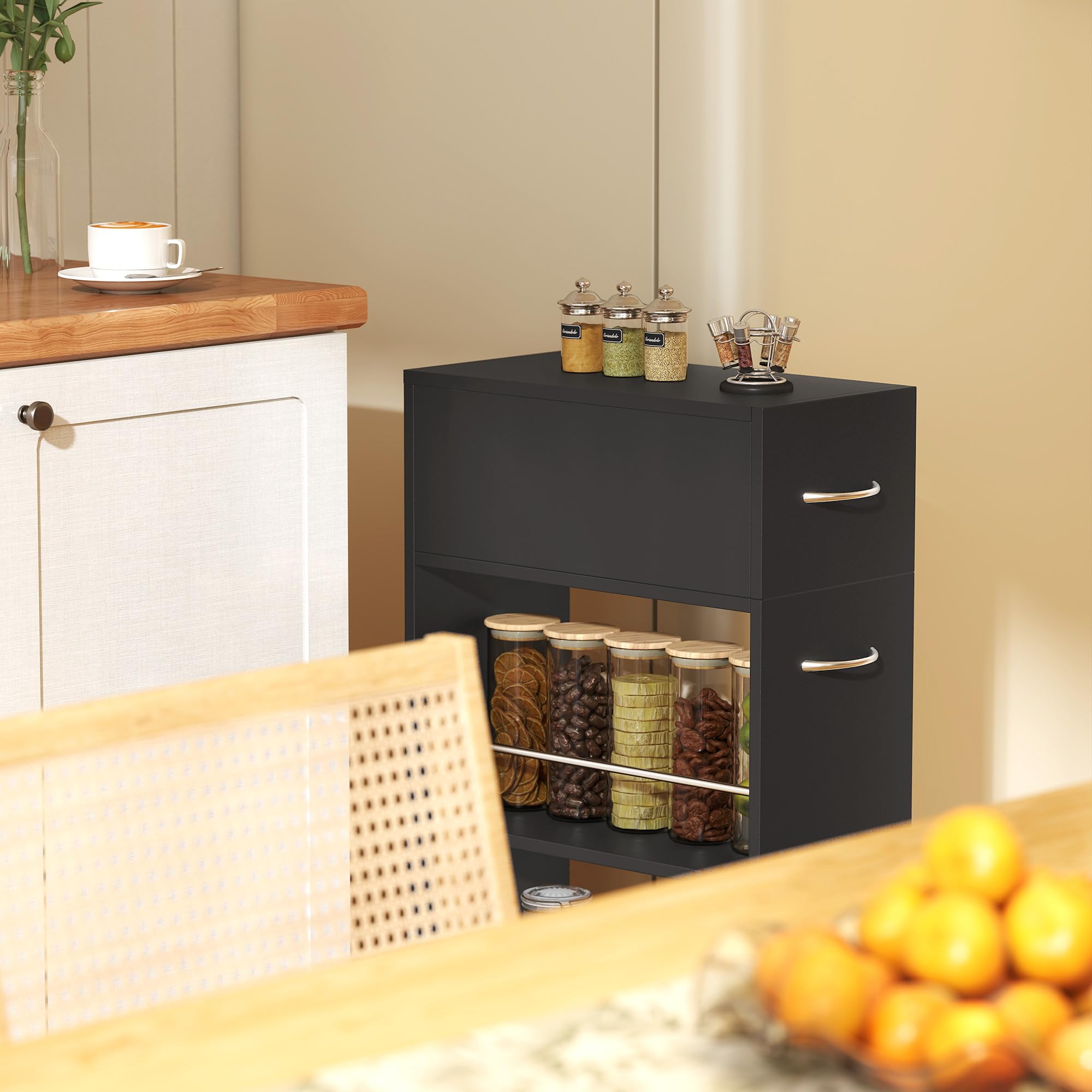 HOMCOM Chariot de Cuisine Desserte sur roulettes 25 x 50 x 85 cm Noir | 1 Tiroir, 2 Étagères Ouvertes, pour Salle à Manger, Salon, Salle de Bain, en Bois