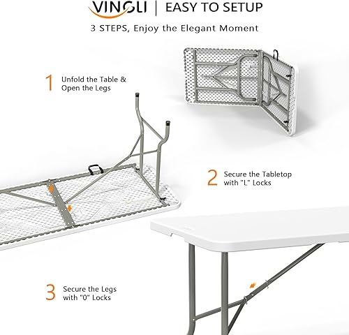 Miniatura 5 de VINGLI Mesa plegable de plástico de 8 pies, mesa blanca larga portátil para uso en interiores y exteriores, rectangular con asa de transporte