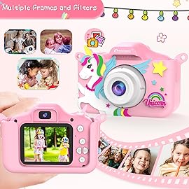 PROGRACE Kids Camera for Girls and Boys - Ages 3-12, Digital Video Camcorder Toy with Cartoon Soft Cover - Unicorn Camera with 32GB SD Card - Best Christmas Birthday Gift for Kids, Pink