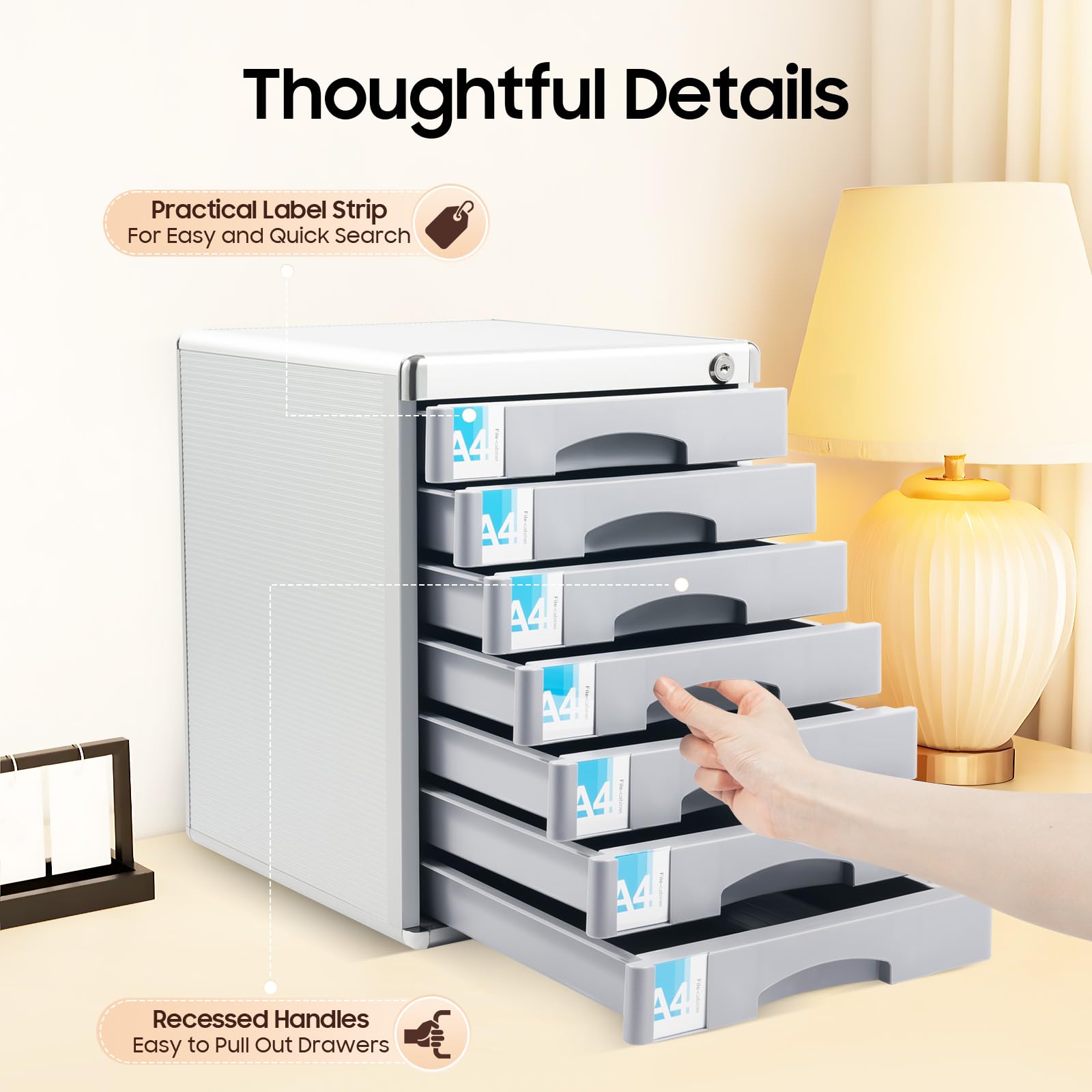 Cassettiera a 7 scomparti, robusta per ufficio, cassetti in metallo, organizer con barra per scrivere e serratura di sicurezza, impilabile per ufficio, home office