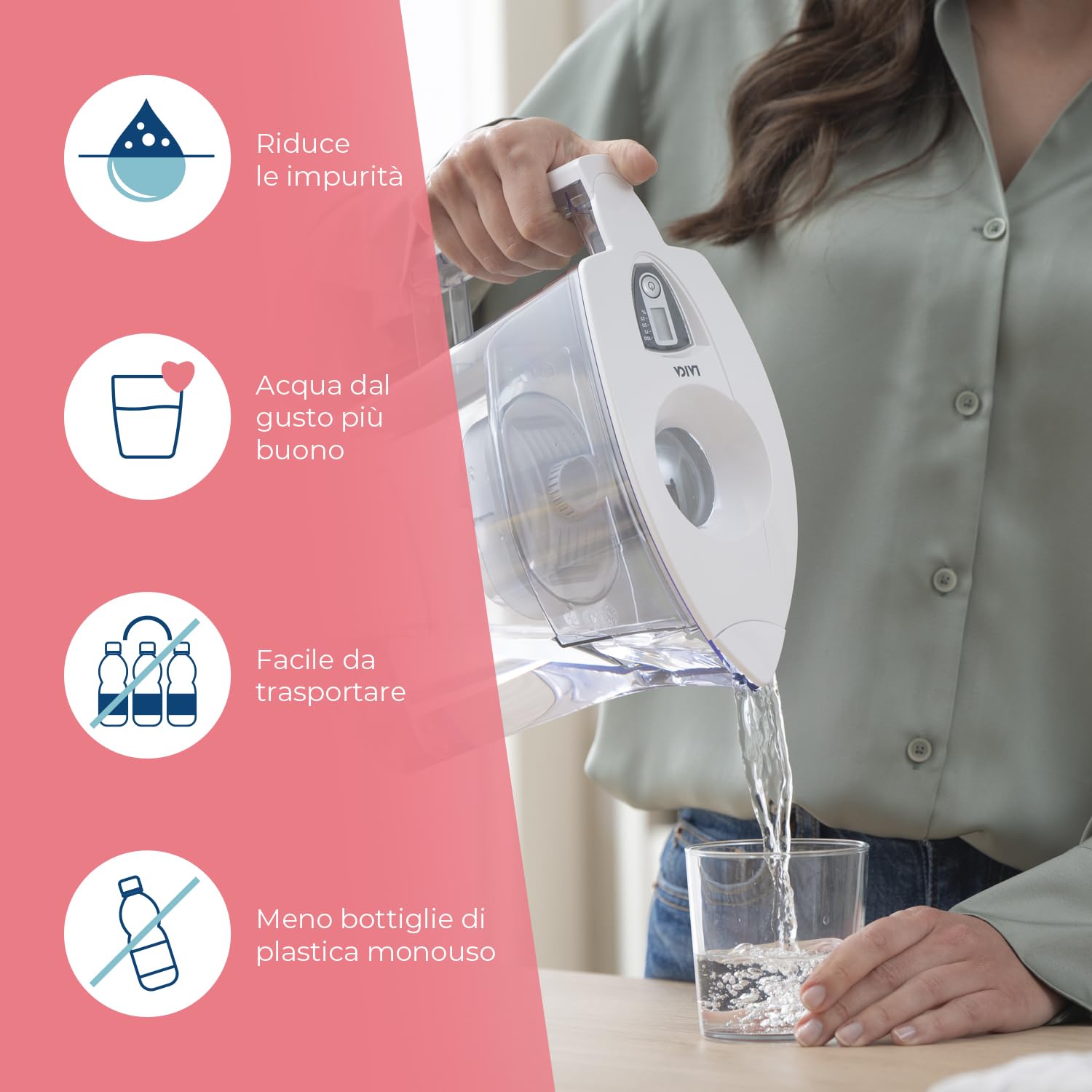 LAICA Prime Line Caraffa Filtrante - Grande Capacità di 3L - Bianca - Timer Digitale - 1 Filtro bi-flux Incluso, Preserva i Sali Minerali Utili all'Organismo e Riduce Cloro - Made in Italy