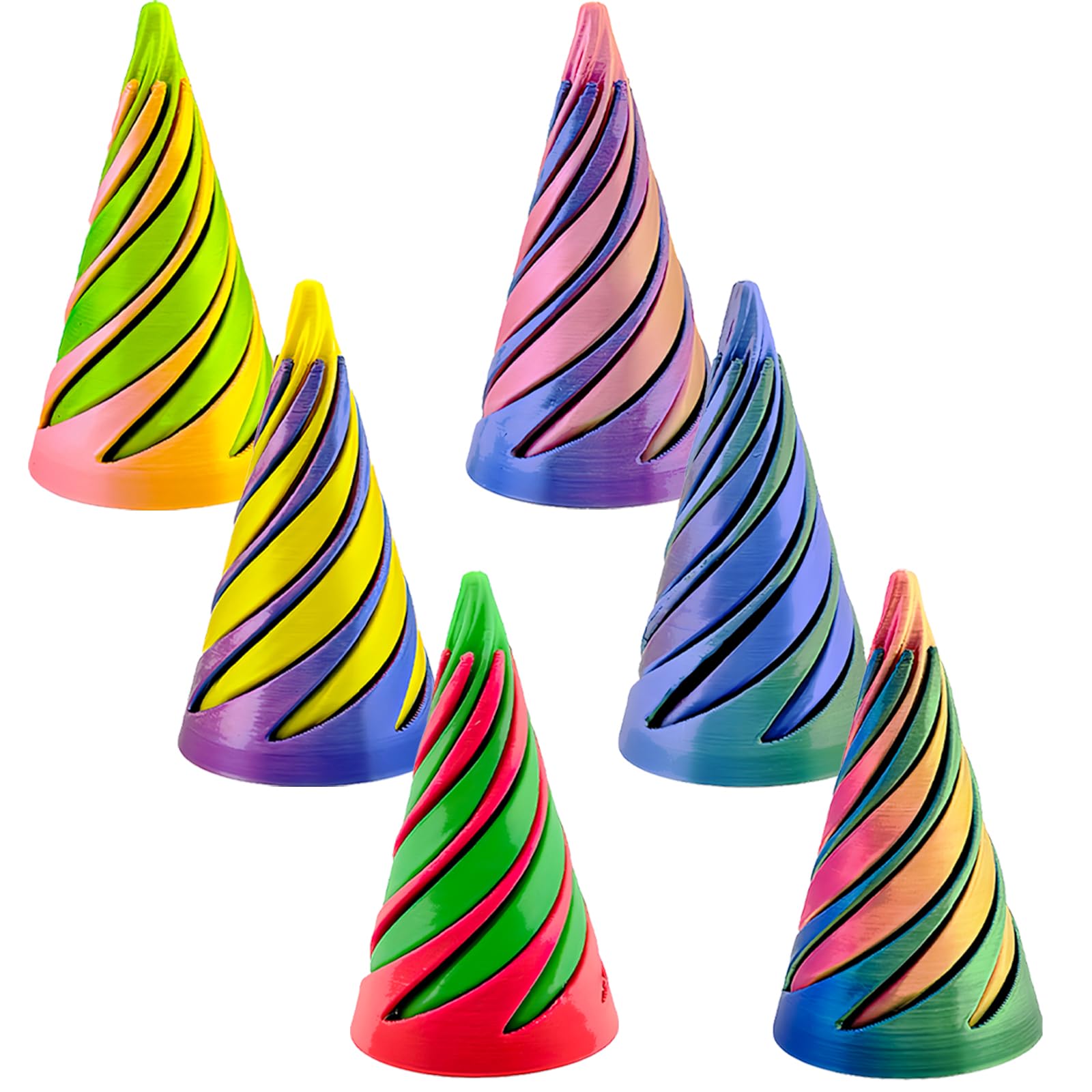 6 Pack Spiral Cone Fidget Toys - 3D Printed Spiral Cone & Pyramid Passthrough Sculpture for Stress & Anxiety Relief (Colour)