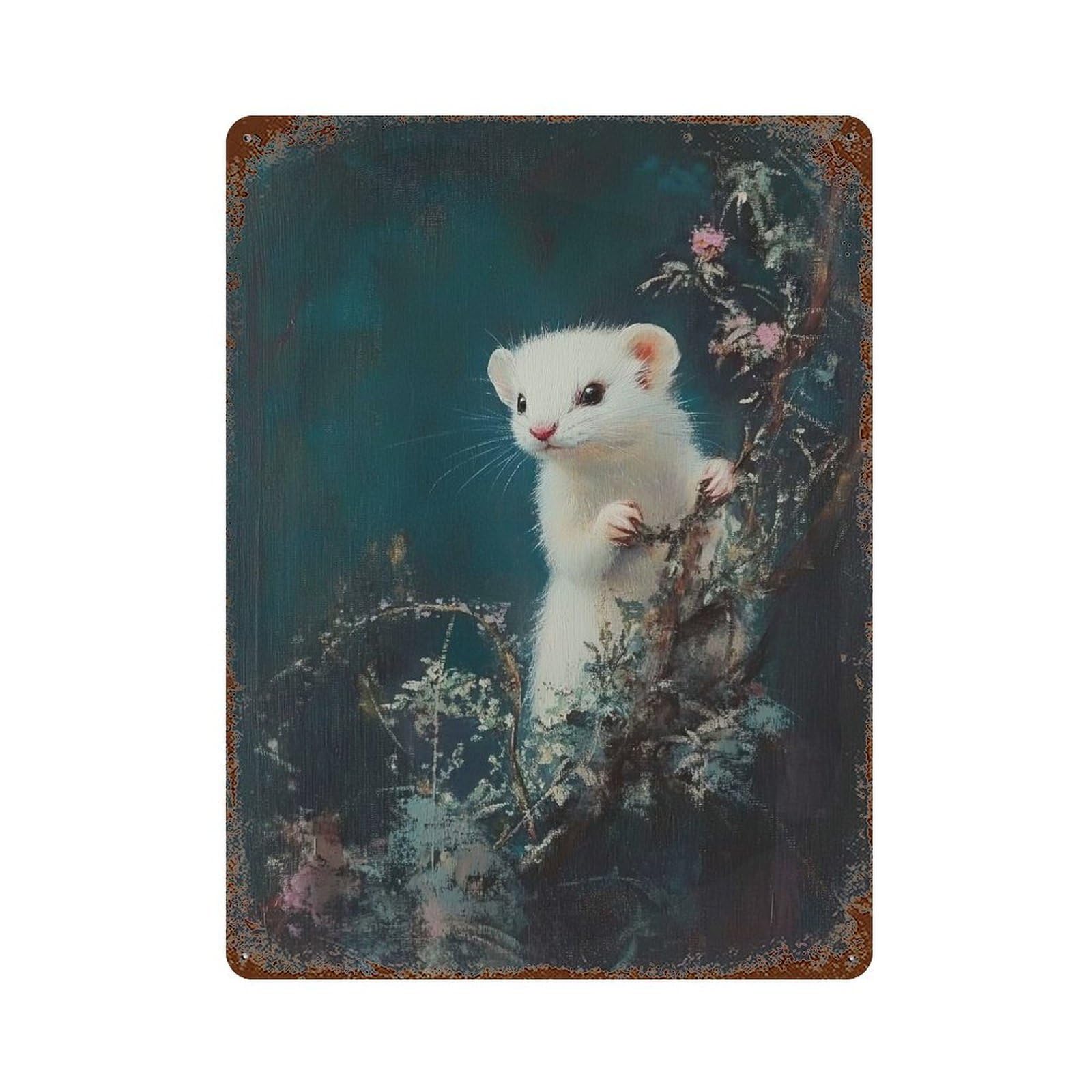 White Ferret in Foliage Vintage Wall Sign 15.7"x11.8", Rust Effect Metal Decor for Bistro, Counter And Cafe Decor