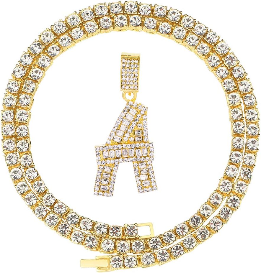 HH Bling Silver Gold Iced Out Baguette Initial Letter Necklaces for Men Women, Big Cz Diamond Capital Letter Pendant A-Z with Rope Tennis Chains