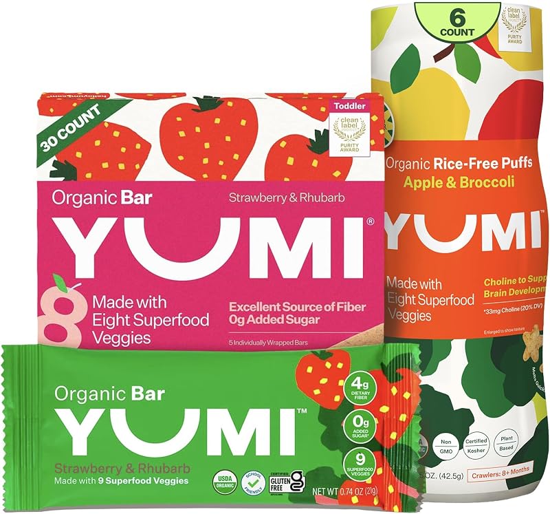 Yumi Organic Toddler Snacks Bars - Gluten-Free, No Added Sugar, 7+ Vegetables, Strawberry & Rhubarb (30ct.) & YUMI Rice-Free Baby Puffs - No Sugar Added, Gluten-Free, Non-GMO, Apple & Broccoli (6ct.)