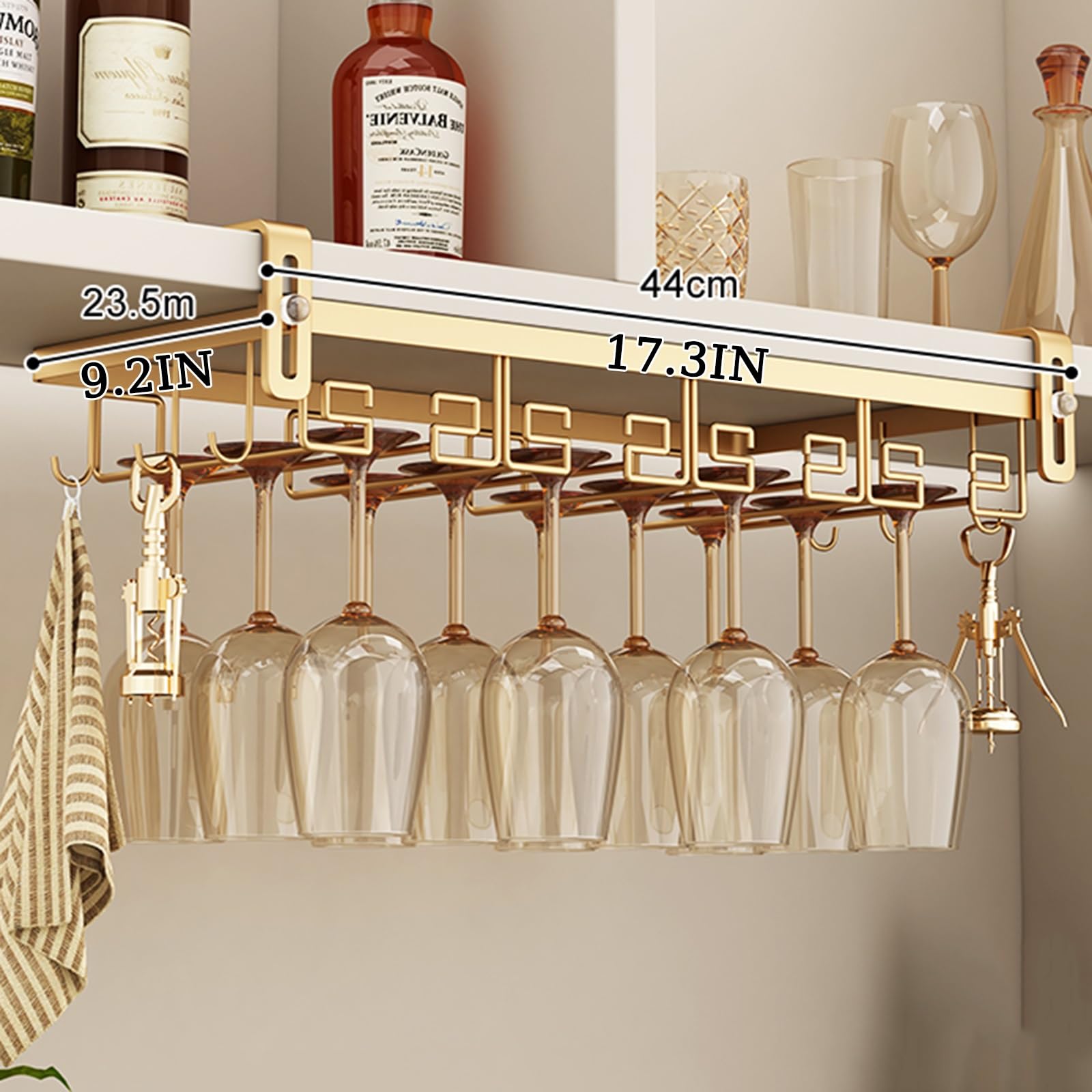 LUVEQLSIT Wine Glass Rack Under Cabinet, Nail Free Wine Glass Holder Under Liquor Shelf, Hanging Adjustable Stemware Storage Drying Hanger Organizer for Kitchen Cabinet Bar(44CM/17.3IN)