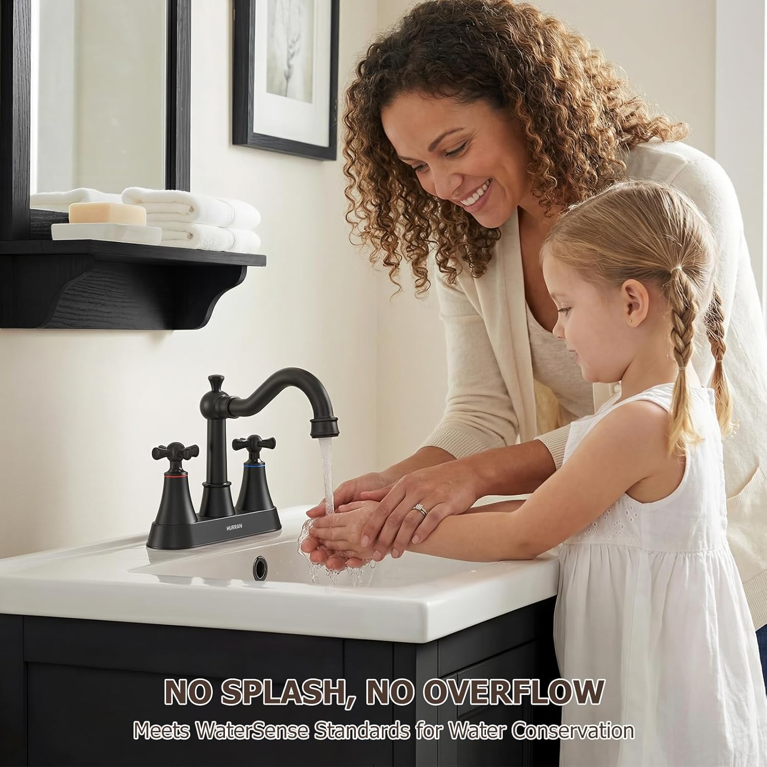 Hurran 4-inch Centerset Matte Black Classical Bathroom Faucet, 2 Handles for 2 or 3 Hole Sink with 360° Swivel Spout, Pop Up Drain Assembly and Supply Hose for Vanity Sink Lavatory Faucet