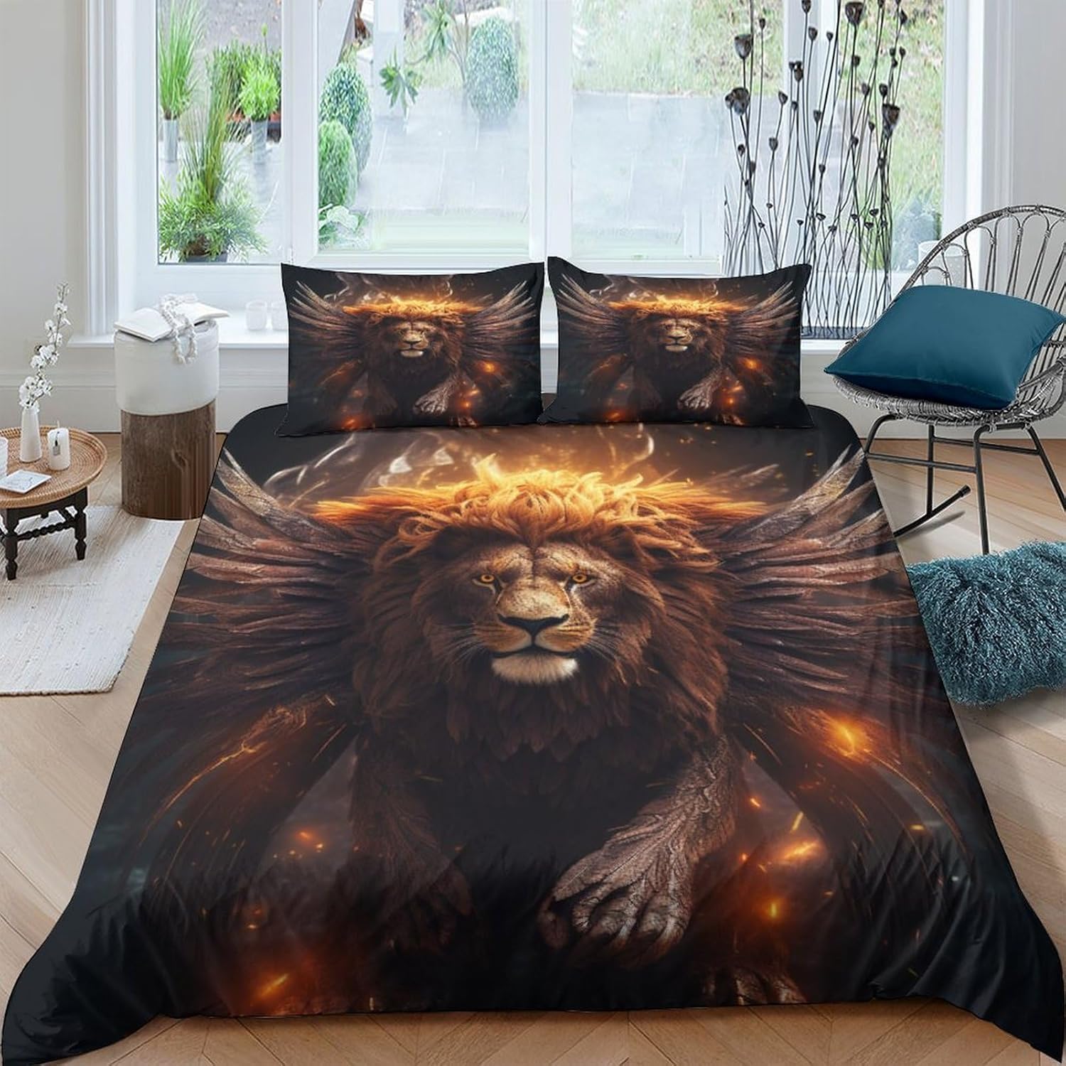 Housse de couette 200x200 lion parure de lit 3 pièces microfibre linge de maison