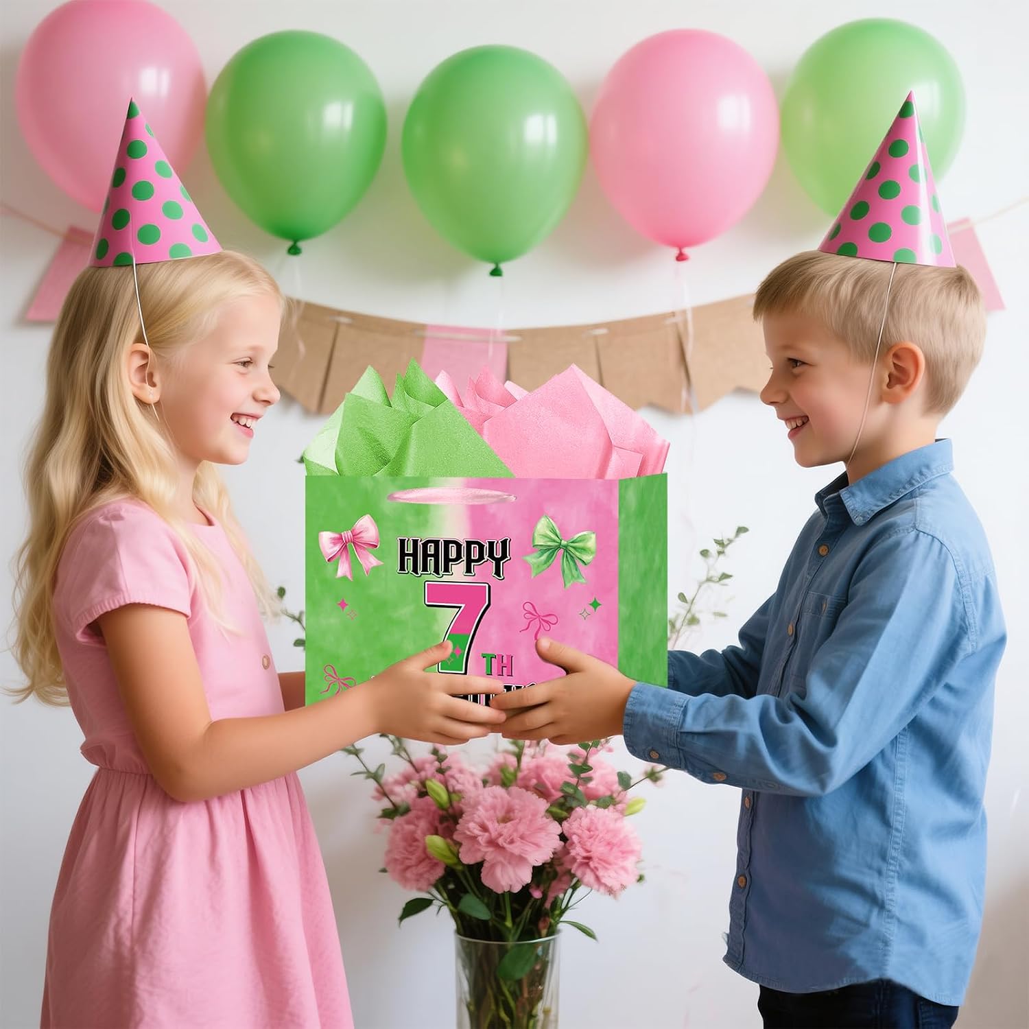 TagreSpike 7th Birthday Gift Bag Set for Kids – Pink and Green Happy 7 Birthday Party Favor Bag with Tissue Paper & Card, Pink Green Birthday Gift Bag for Girls Boys