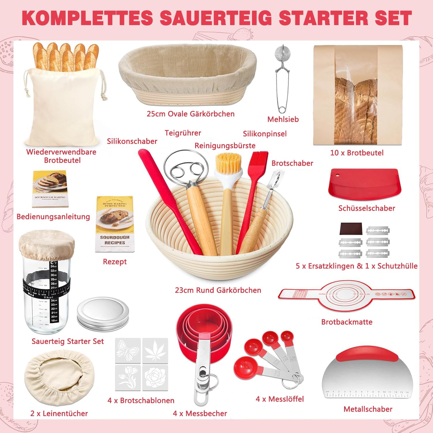Sauerteig Starter Set, Gärkorb Brot Set mit 2 Gärkörbchen (23cm Runde & 25cm Ovale), Rattan, 1000ml Glasgefäß zur Sauerteiggärung, inkl. Teigschaber, Leineneinsatz, Brotschaber & mehr