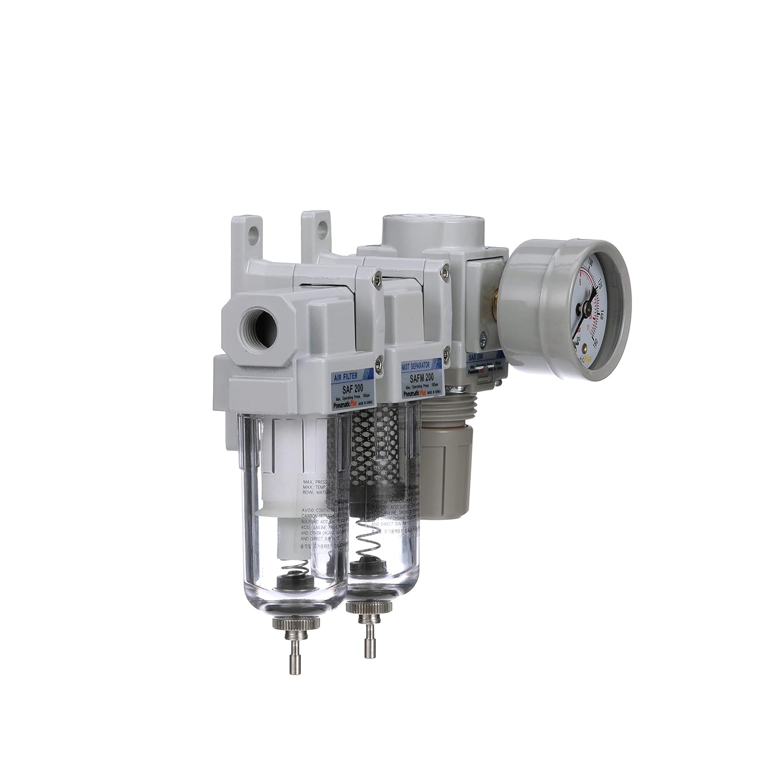 PneumaticPlus SAU230-N02G Three Stage Air Drying System, 1/4" NPT - Particulate Air Filter, Coalescing Filter, Air Pressure Regulator Combo - Poly Bowl, Manual Drain, Bracket, Gauge - Image 3