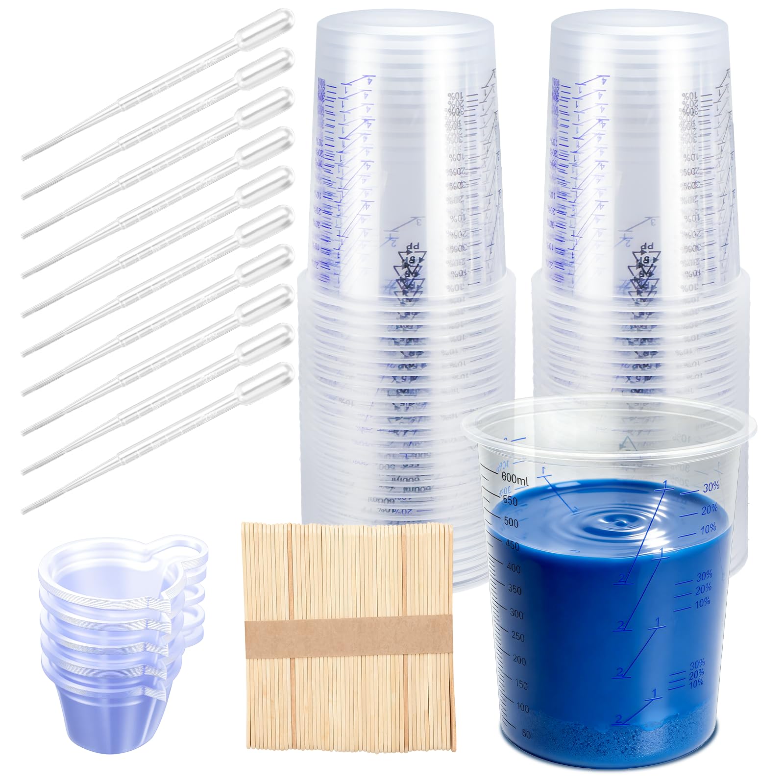 Bicchieri per miscelazione Vernice 600 ml 40 pezzi Set di Bicchieri per Miscelazione Bastoncini per Mescolare Epossidica con Manico Pipette | con Rapporto di Miscelazione Chiaro