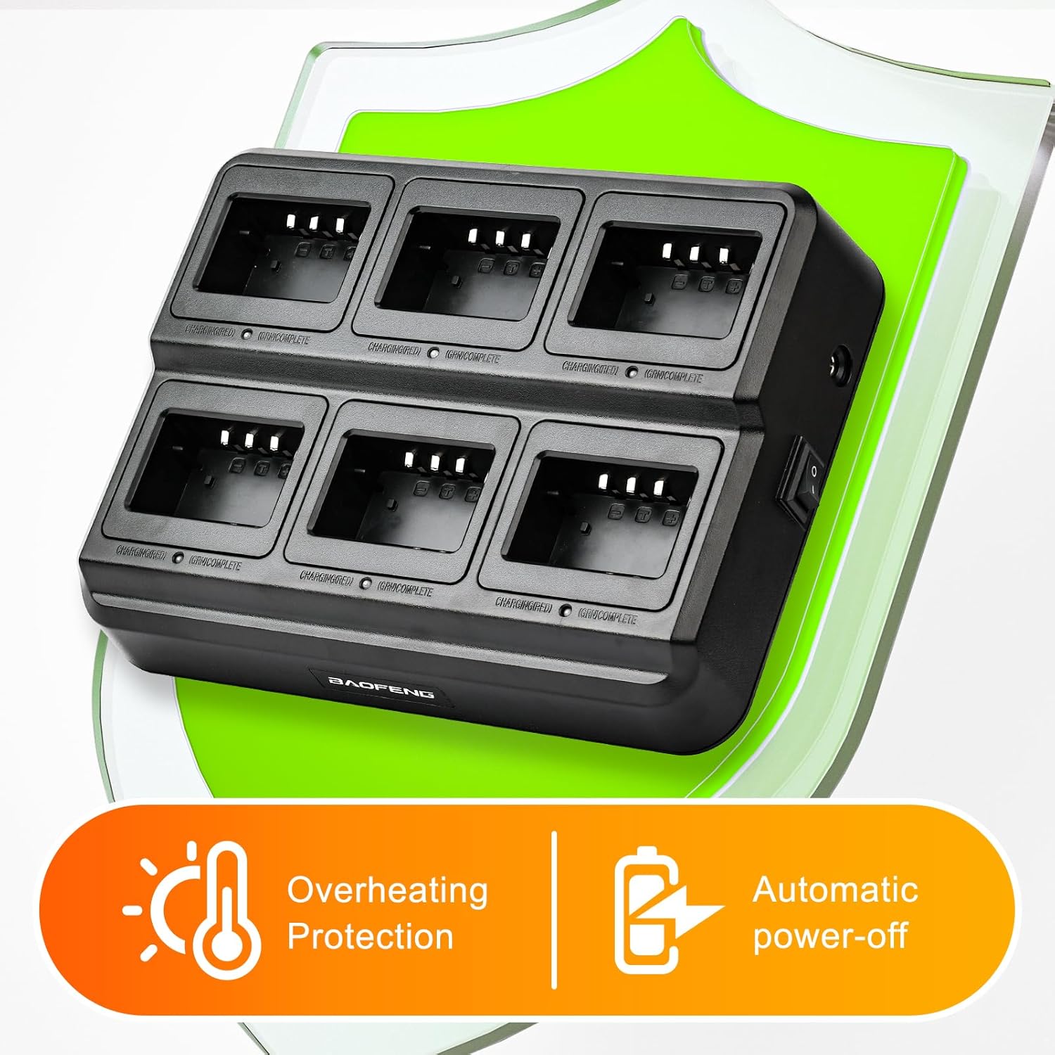 Image highlighting overheating protection and automatic power-off features