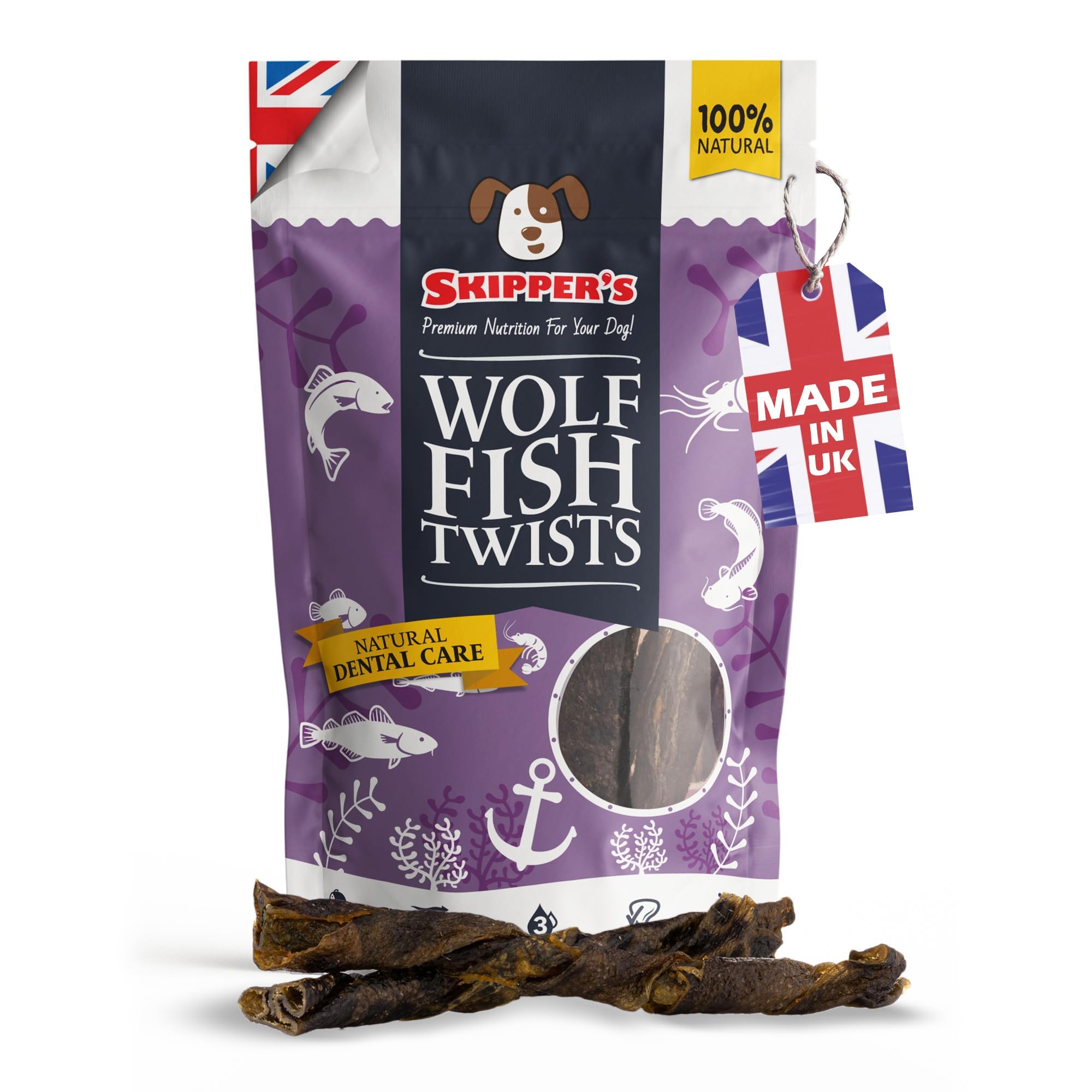 SKIPPER'S Wolf Fish Skin Twists - Grain Free Dog Treat, Great for Dogs Teeth, Handmade & Gently Air Dried Healthy Natural Dog Dental Sticks | Long Lasting Hypoallergenic Chew Treats Short (250g) — image 1