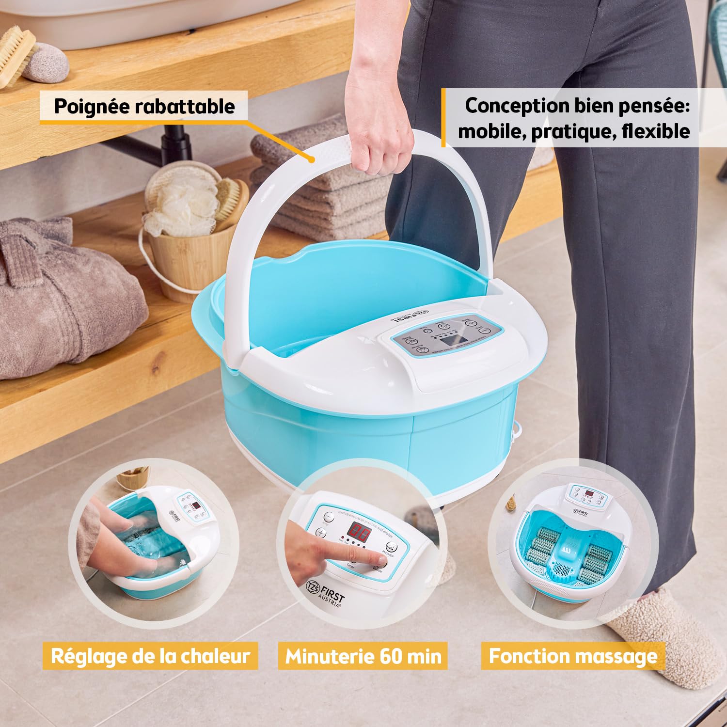 TZS First Austria - Hydromasseur plantaire 450W avec 3 programmes & 6 rouleaux massage - Bain de pieds électrique avec massage par vibration & bulles d'air, avec infrarouges & chauffage - Avec timer