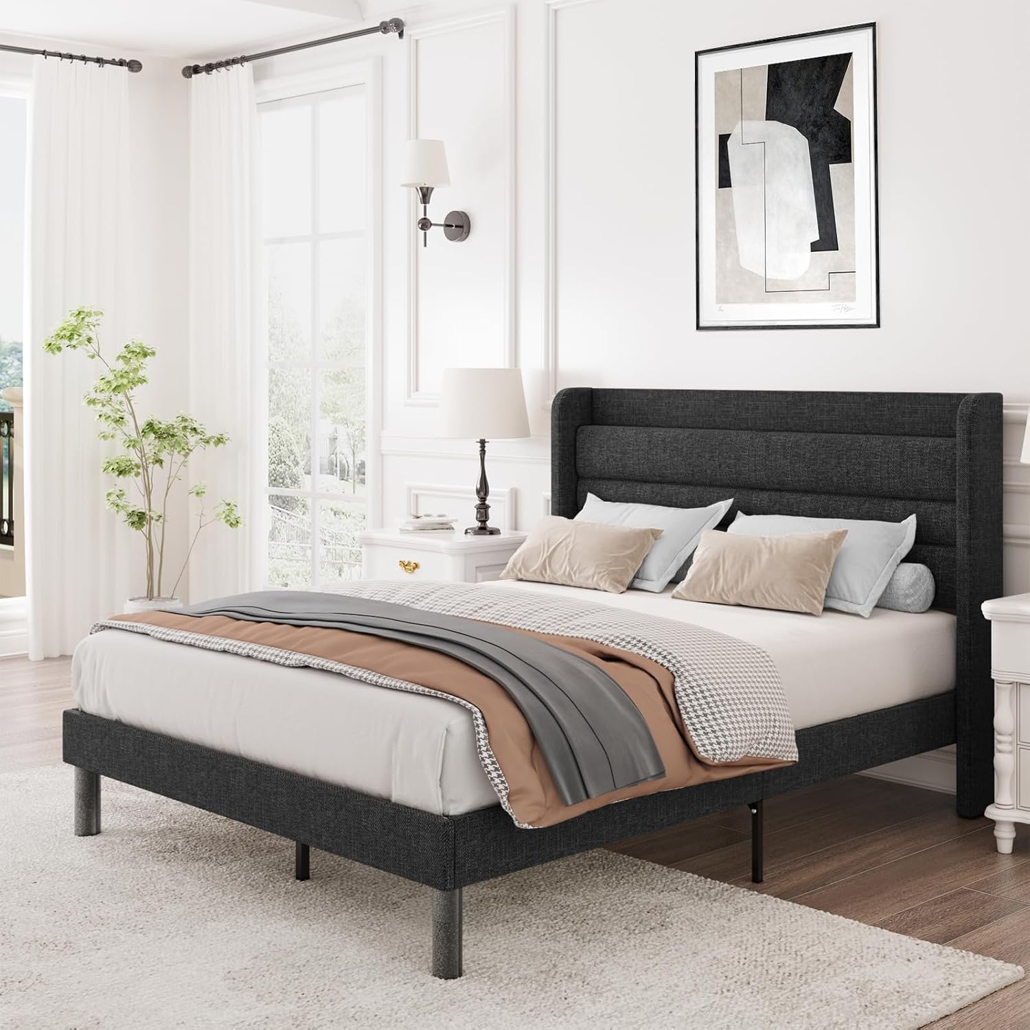 Flolinda Queen Bed Frame with Type-C & USB Ports Upholstered Platform Bed Frame with Wingback Shelf Dark Gray