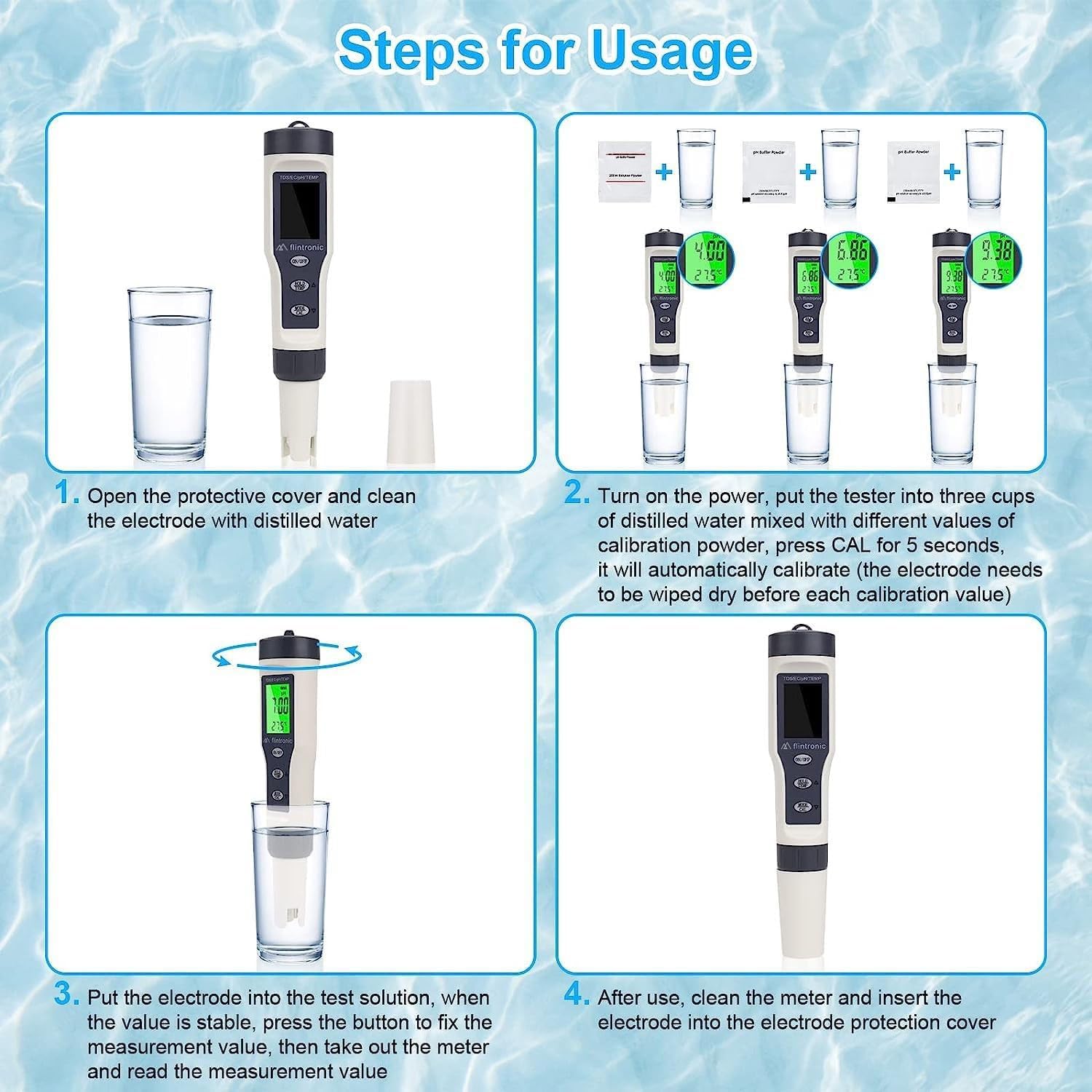 flintronic 4-In-1 PH Messgerät, PH/TDS/EC Temperatur Tester mit Hintergrundbeleuchtung, 0-14 pH-Messbereich-±0,1 pH-Genauigkeit, PH Wert Messgerät Pool Trinkwasser Schwimmbad Aquarium