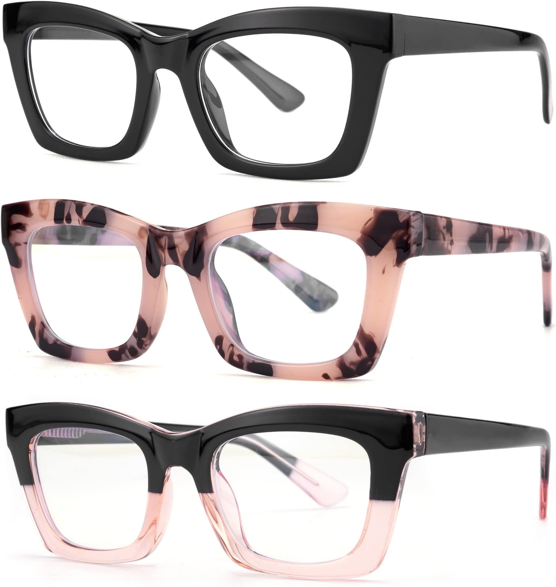 bullabulling 3 pack Oprah style Spring hinge Readers Blue Light Blocking Computer Square Reading Glasses for Women Men
