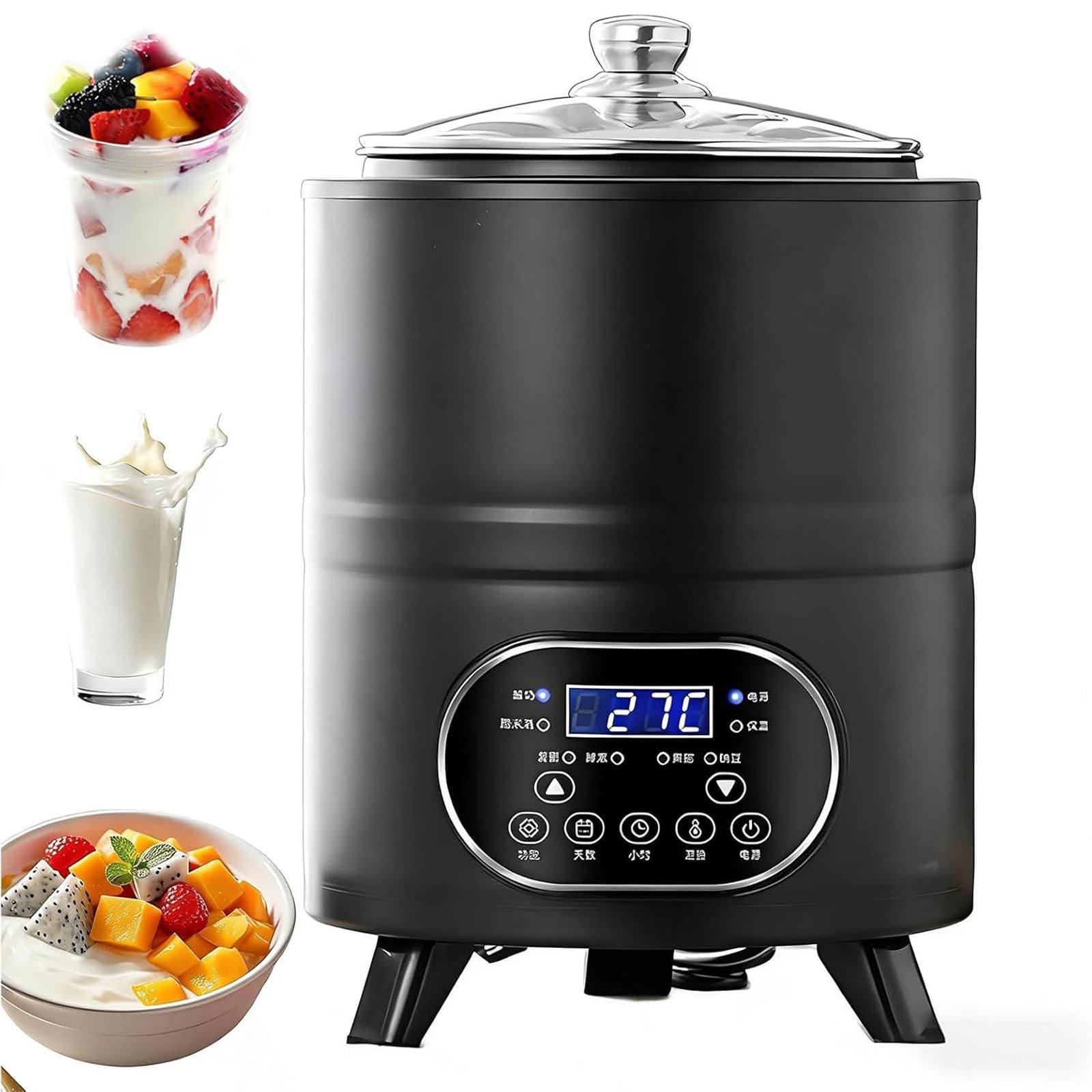 Jogurt Duży 8L/12L, Elektryczny Fermentor Jogurtowy Z Dokładną Kontrolą Temperatury i Czasu, Jednolite Ogrzewanie 360°, Wyjmowana taca i wyświetlacz LCD, do produkcji greckiego jogurtu (czarny, 12L)