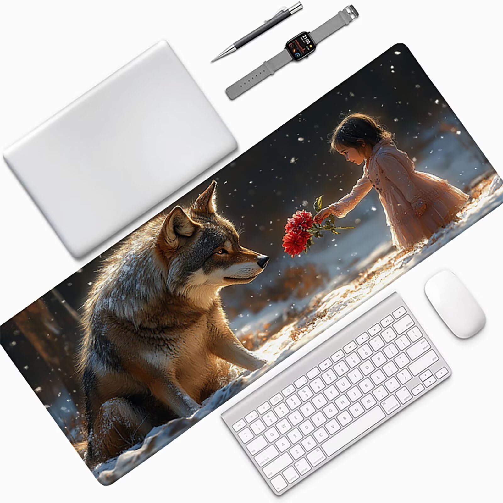 Podkładka pod mysz XXL 1200 x 600 x 3 mm, szara podkładka pod mysz Wolf ze zszytymi krawędziami, antypoślizgowa gumowa podstawa rozszerzona podkładka pod mysz do gier na pad do biura PC akcesoria do