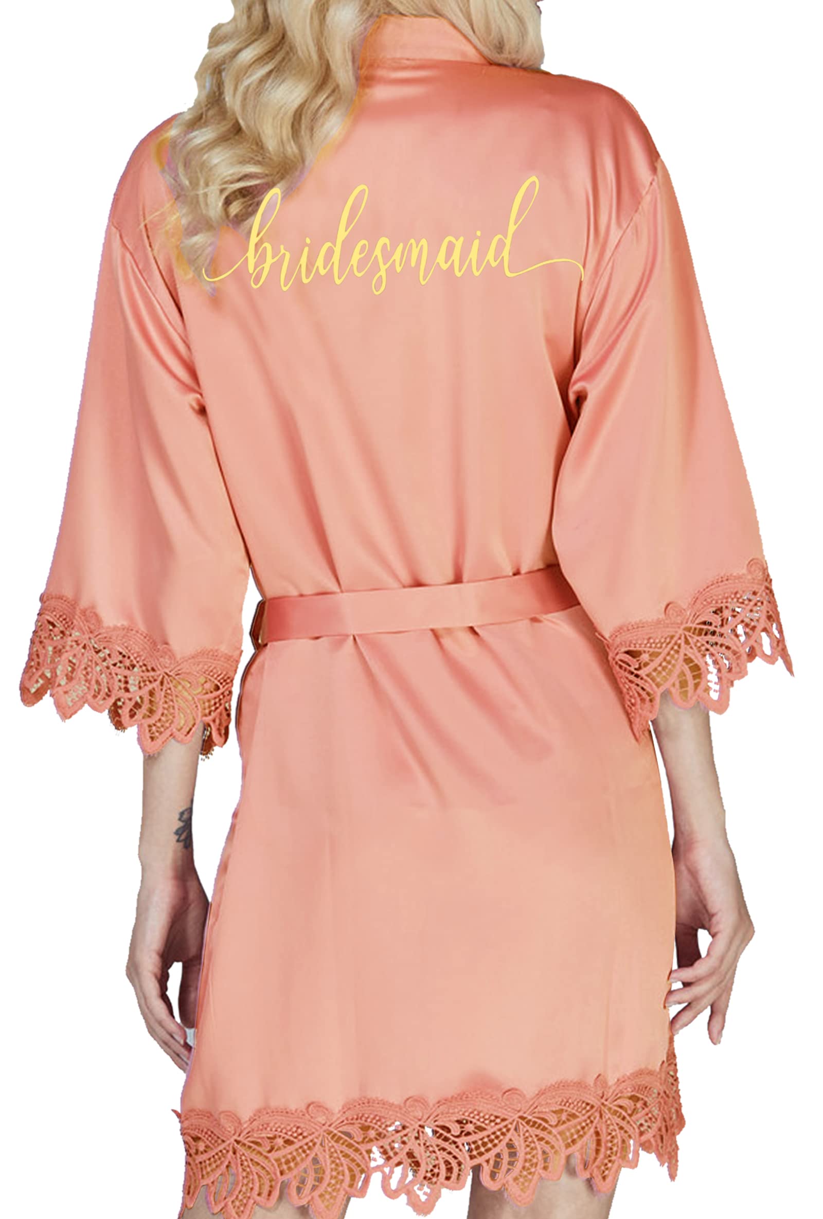 Y Wjing Yi Jia Women's Dusty Orange-B Bride Robe Kimono Satin Bridal Morning Robe Silk Lace Trim Silky Dressing Gown Monograms