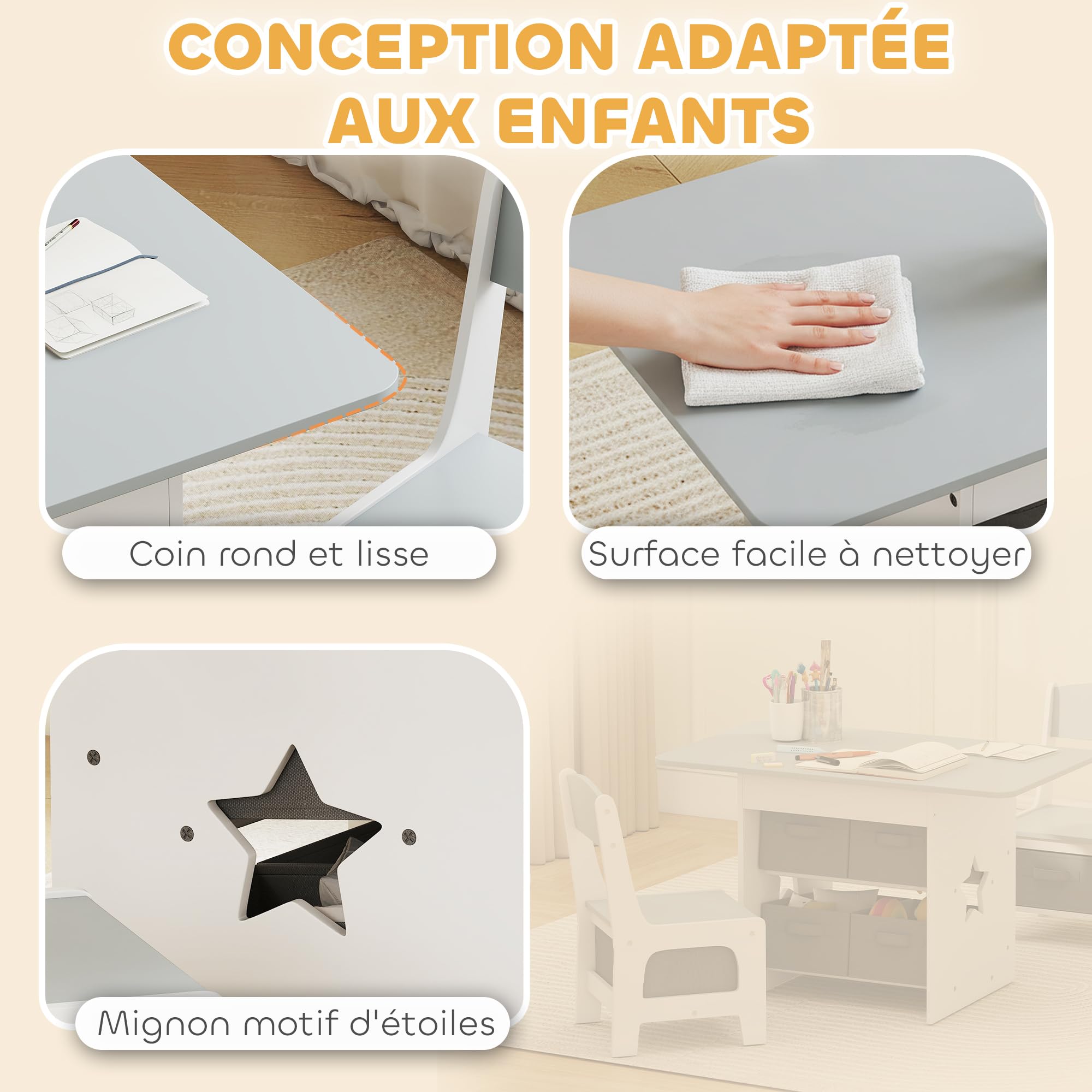 AIYAPLAY Table Enfant avec Chaise, Ensemble Table et 2 chaises Enfant pour Dessiner, Jouer, étudier avec 6 tiroirs Amovibles, pour Fille garçon 3-8 Ans, Gris Clair