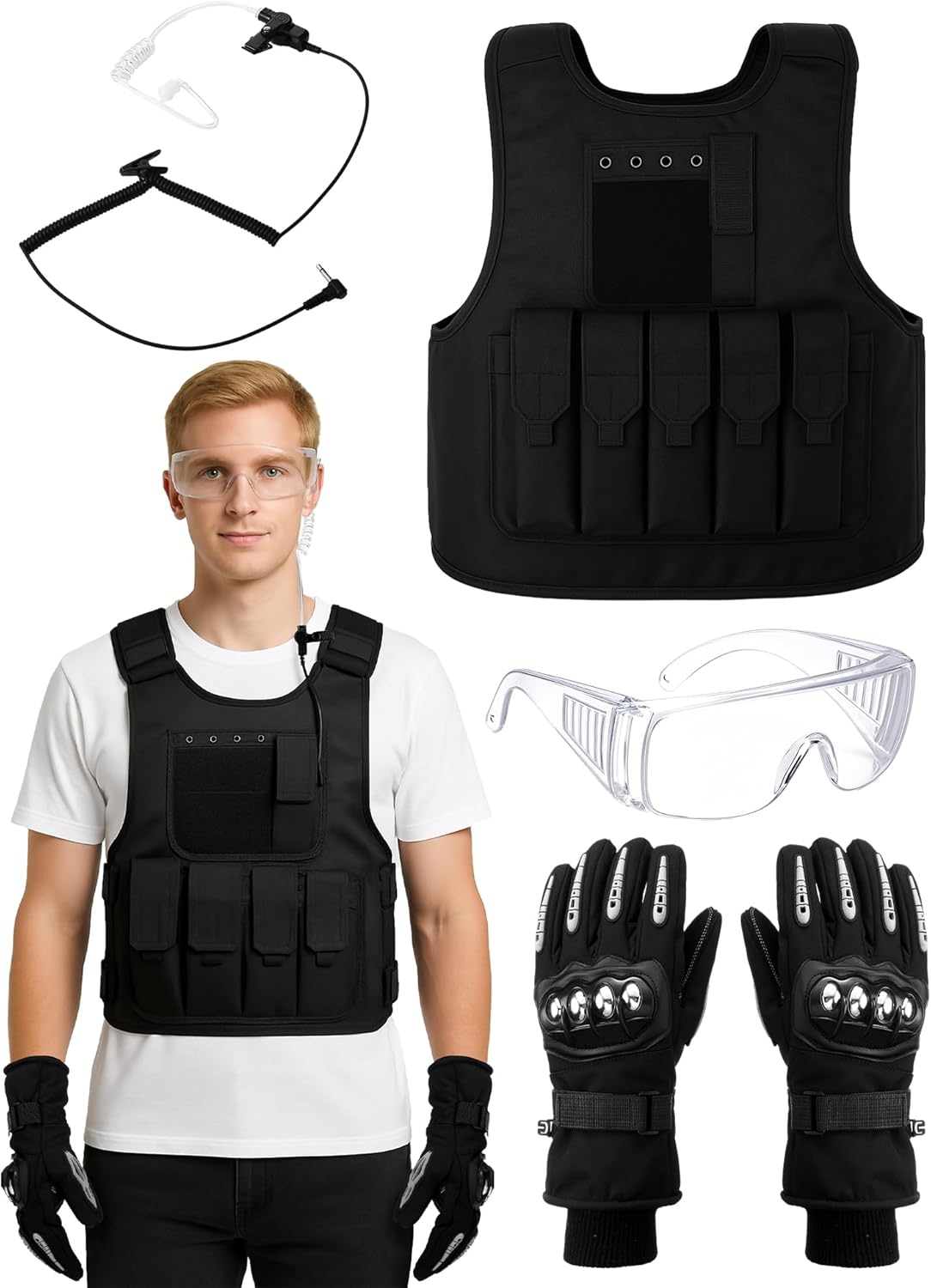 4 Pcs Halloween Tactical Vest Costume Accessory Kit Guard Earpiece Gloves and Goggles for Halloween Swat Tactical Agent Cosplay