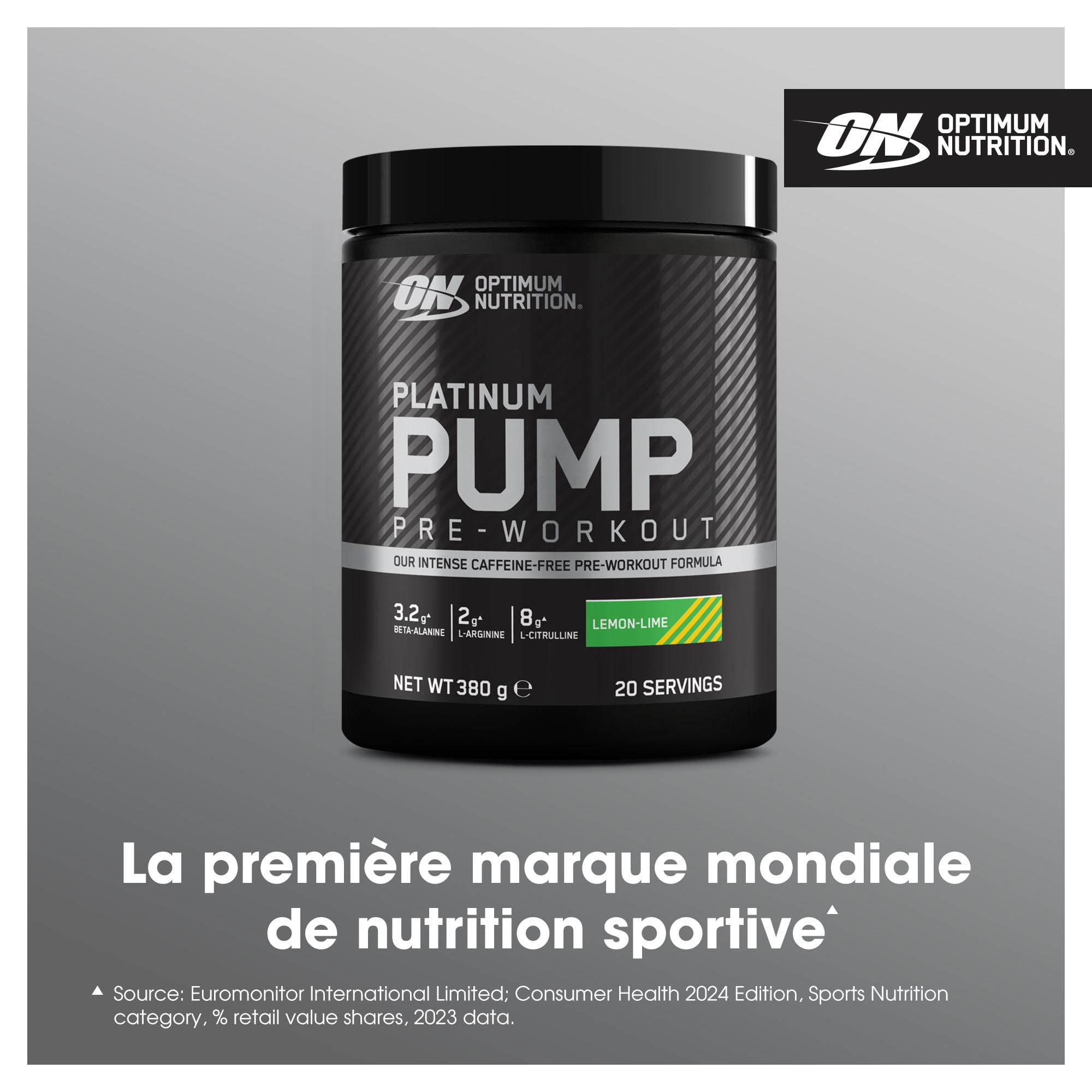Optimum Nutrition ON Platinum PUMP, complément alimentaire pré-workout intense et sans caféine avec Fruitflow, Beta-Alanine, L-Arginine, L-Citrulline, saveur Citron - Citron vert, 20 portions, 380 g