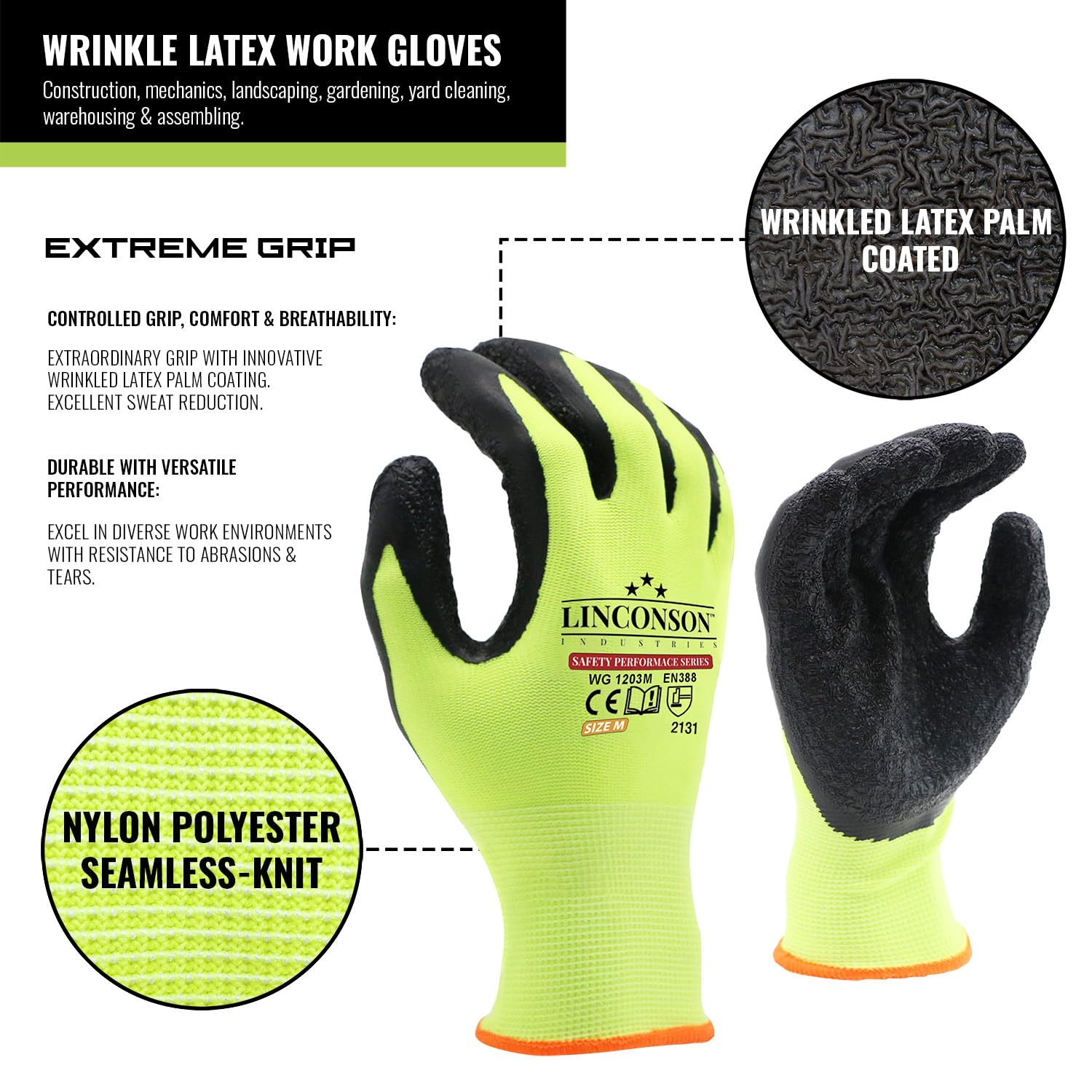 linconson 12-pak Safety Performance Series Construction Mechanics Wrinkle Latex Work Gloves