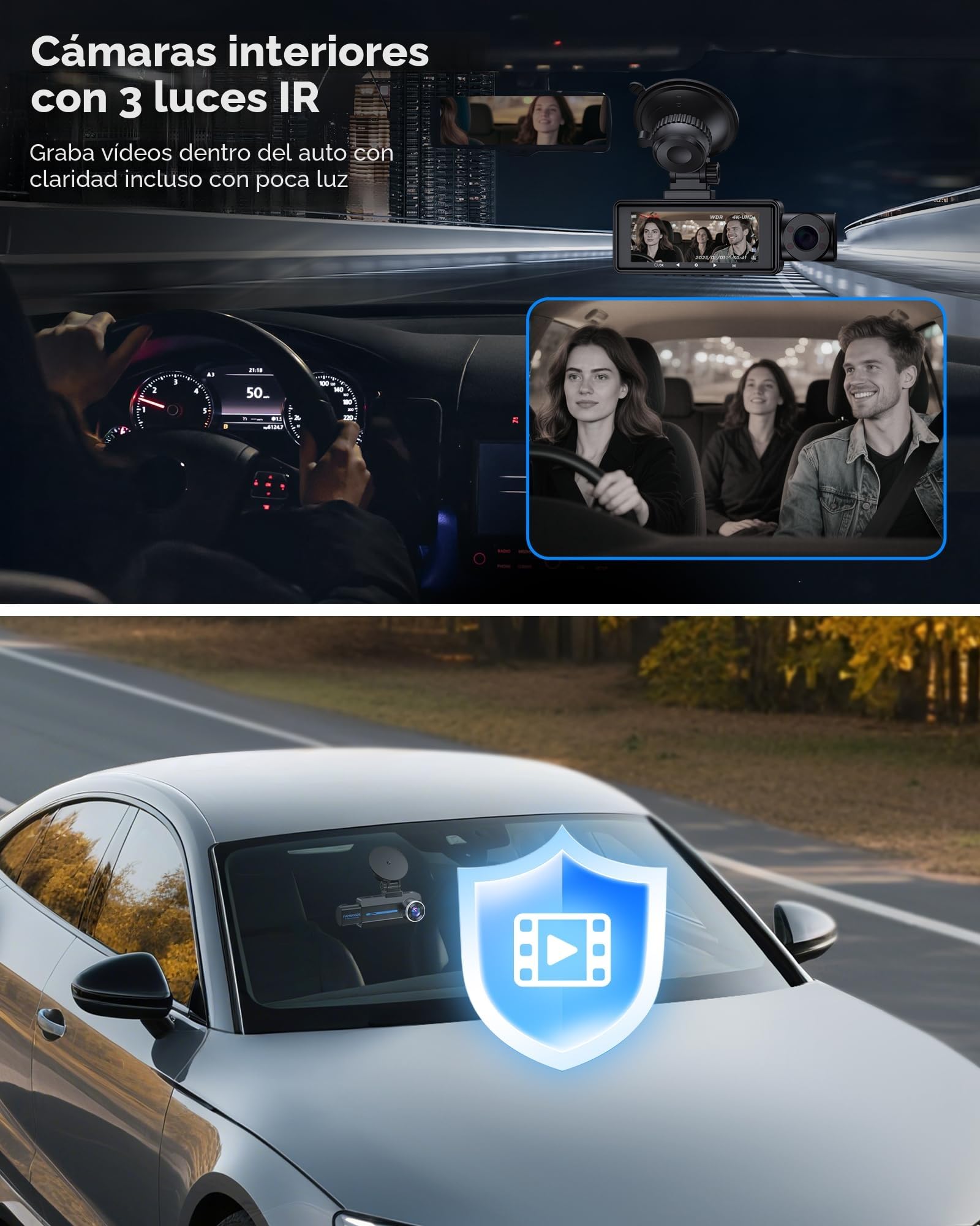 Famgoods Dashcam Frontal 4K, Retro, Interior, Pantalla IPS de 3.16", Tarjeta Gratuita de 64GB, Dash CAM Camara Coche WiFi inalámbrico de 5GHz, App, Super Visión Nocturna, Sensor G, Grabación en Bucle