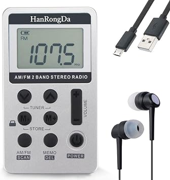 Portable Radio AM/FM Receiver with Excellent Reception and Stereo Sound, Pocket Radios with 58 Preset Stations, Built-in 500mAh Battery for Walking, Jogging, Mowing and Traveling HRD-103