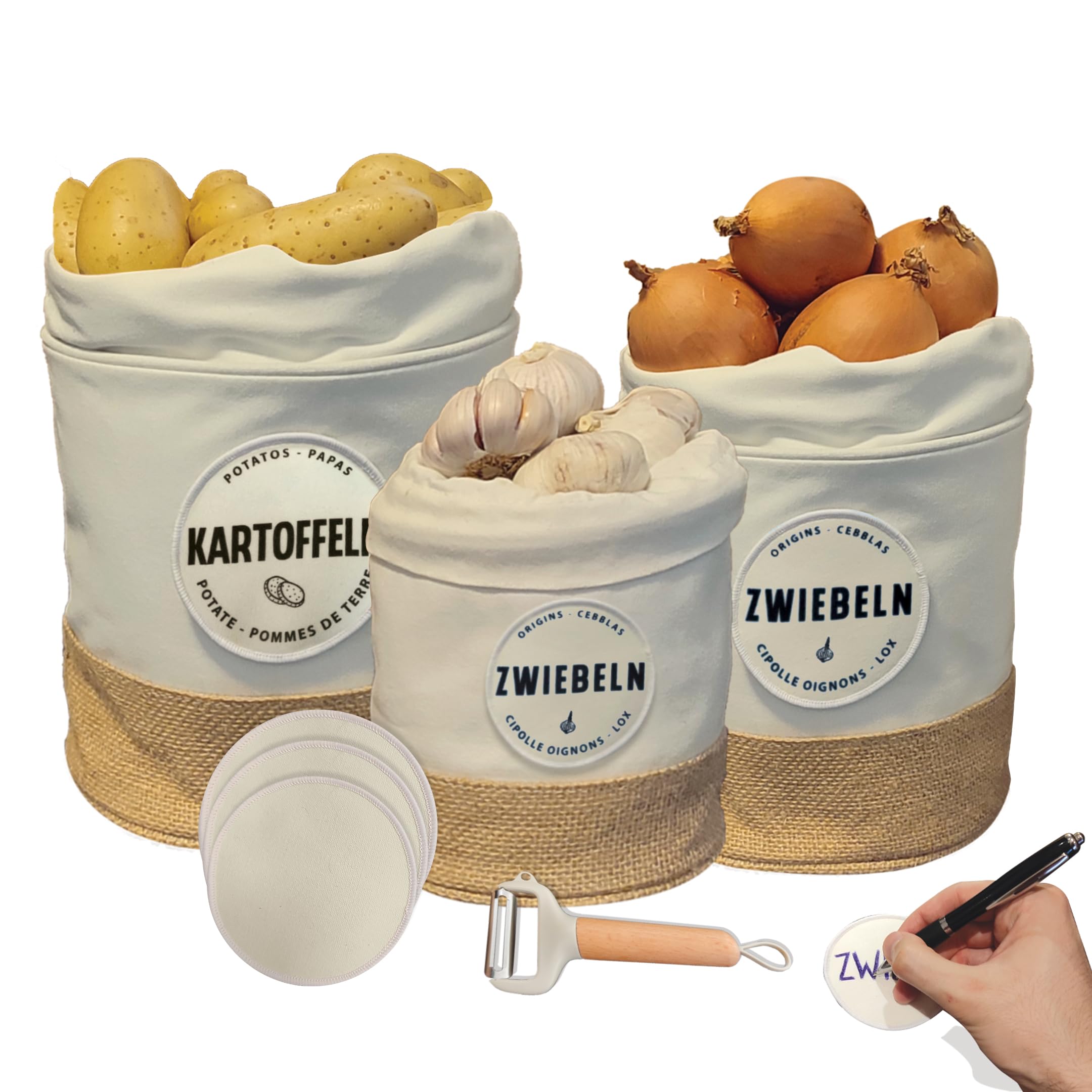 Kitchln Nachhaltige Kartoffel Aufbewahrungsbox | 3er Set beschriftbare Stoffbehälter für die Küche | Vintage Korb Leinenbeutel - hält Gemüse länger frisch