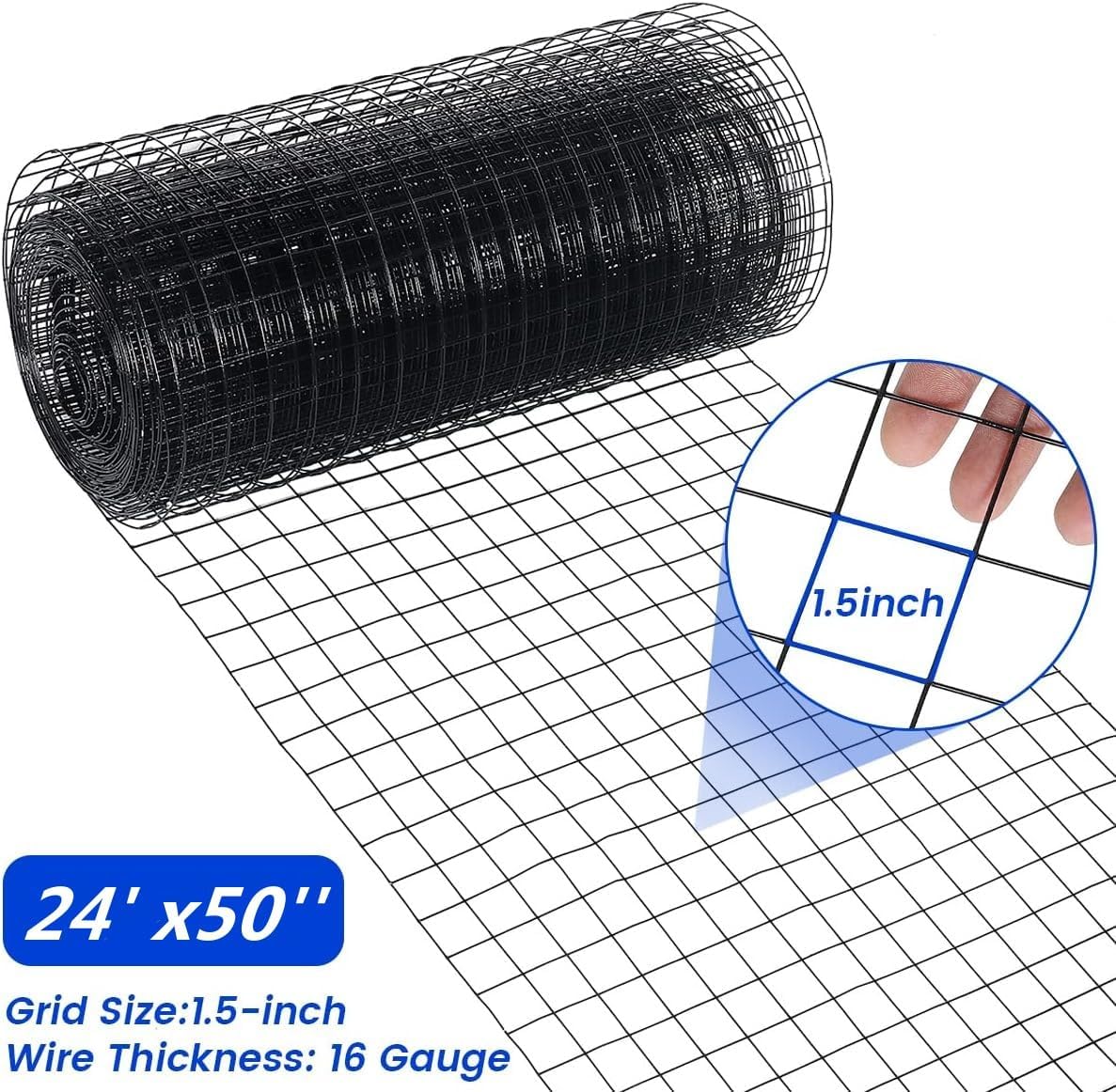 Hardware Cloth 24'' x 50ft Black Vinyl Coated Wire Mesh, 1.5'' x 1.5'' Grid 16 Gauge Square Chicken Wire Fence for Chicken Coop Pen Vegetables Garden and Animal Control