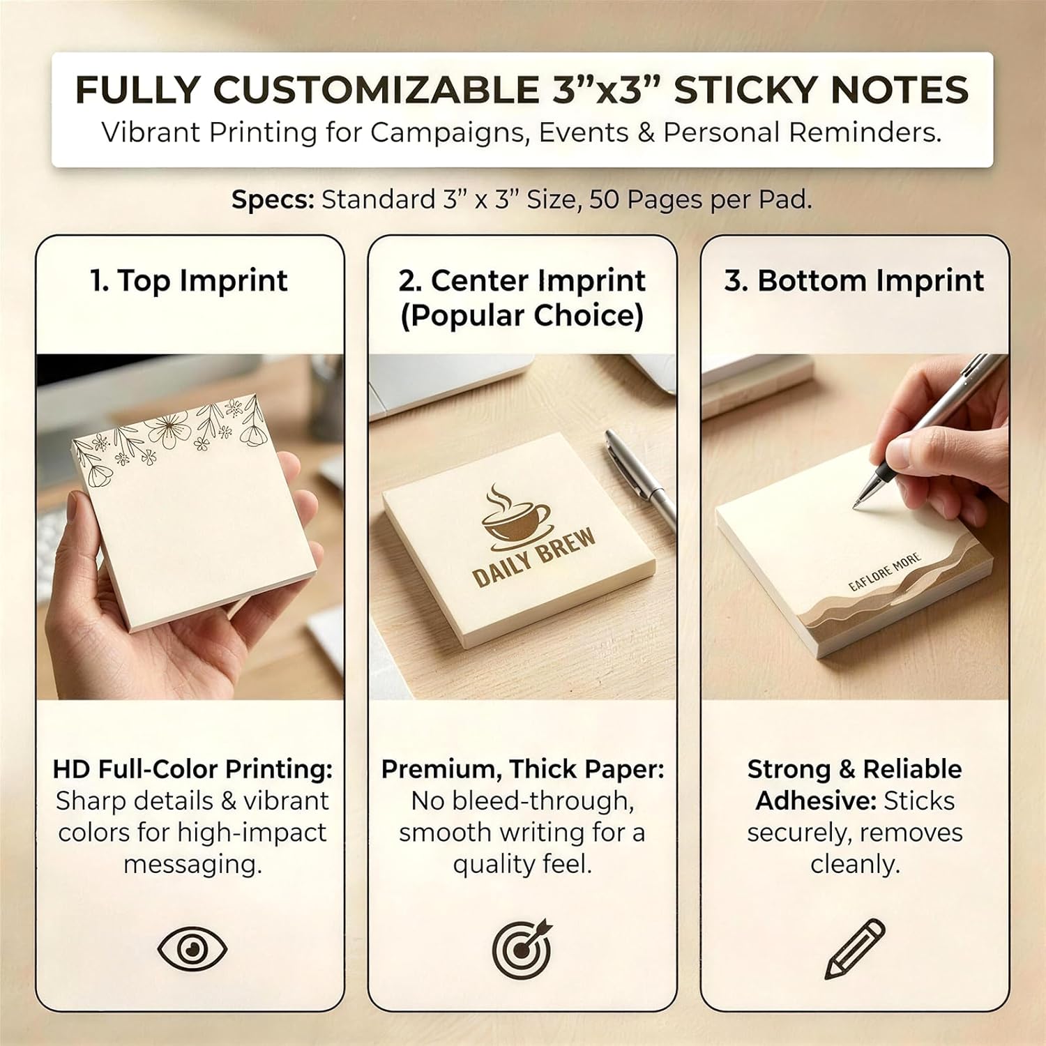 Bulk Personalized Sticky Notes 3"x3" – Custom Notepads with Logo or Text, 50 Sheets per Pad, Custom Post it Notes, 3–100 Pack for Business Marketing, Office (30)