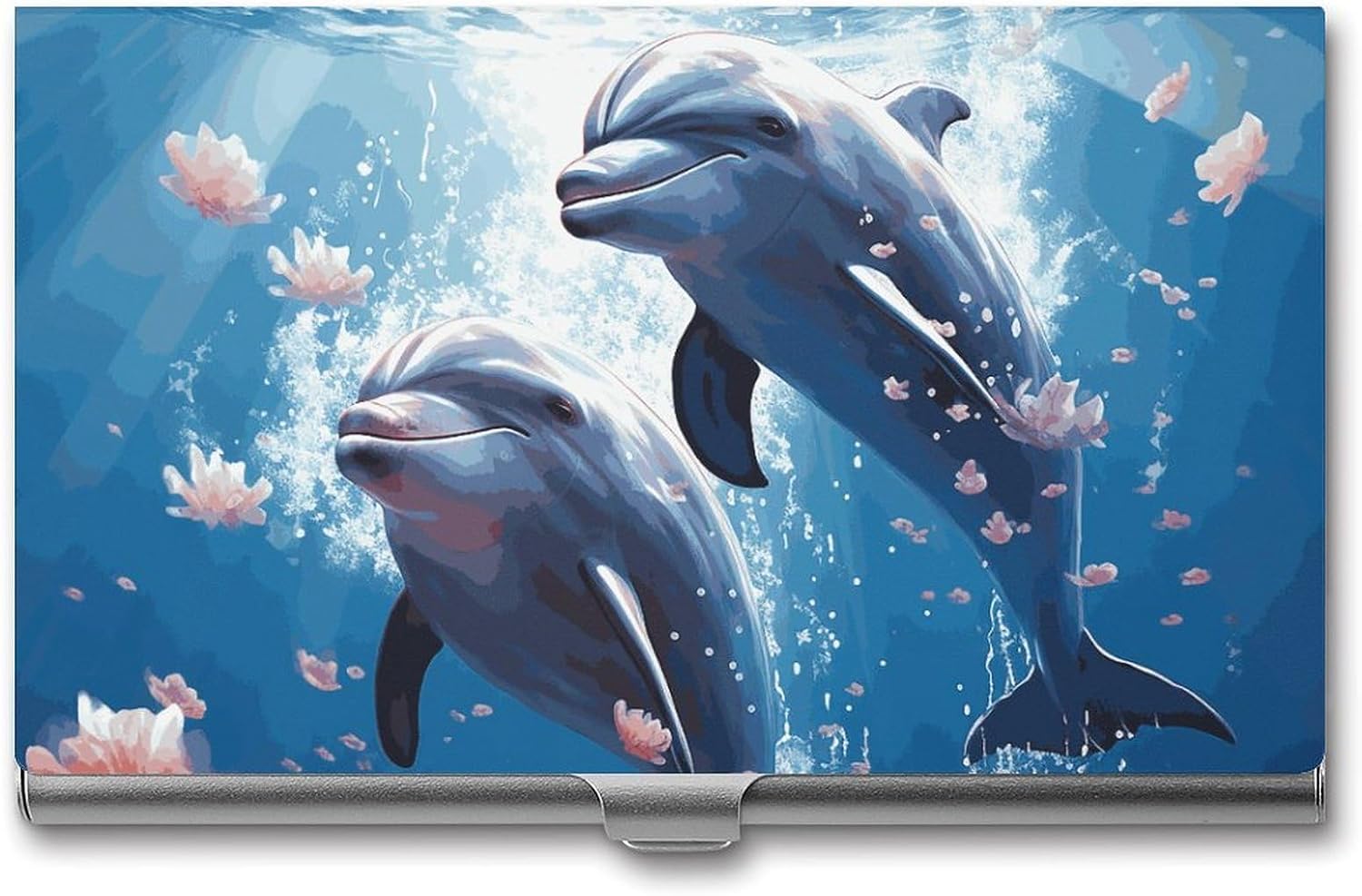 Dolphins in Love Business Card Case for Women Or Men Snaps Closed Portable Name Holder Credit Card Holder for Business Meeting Use