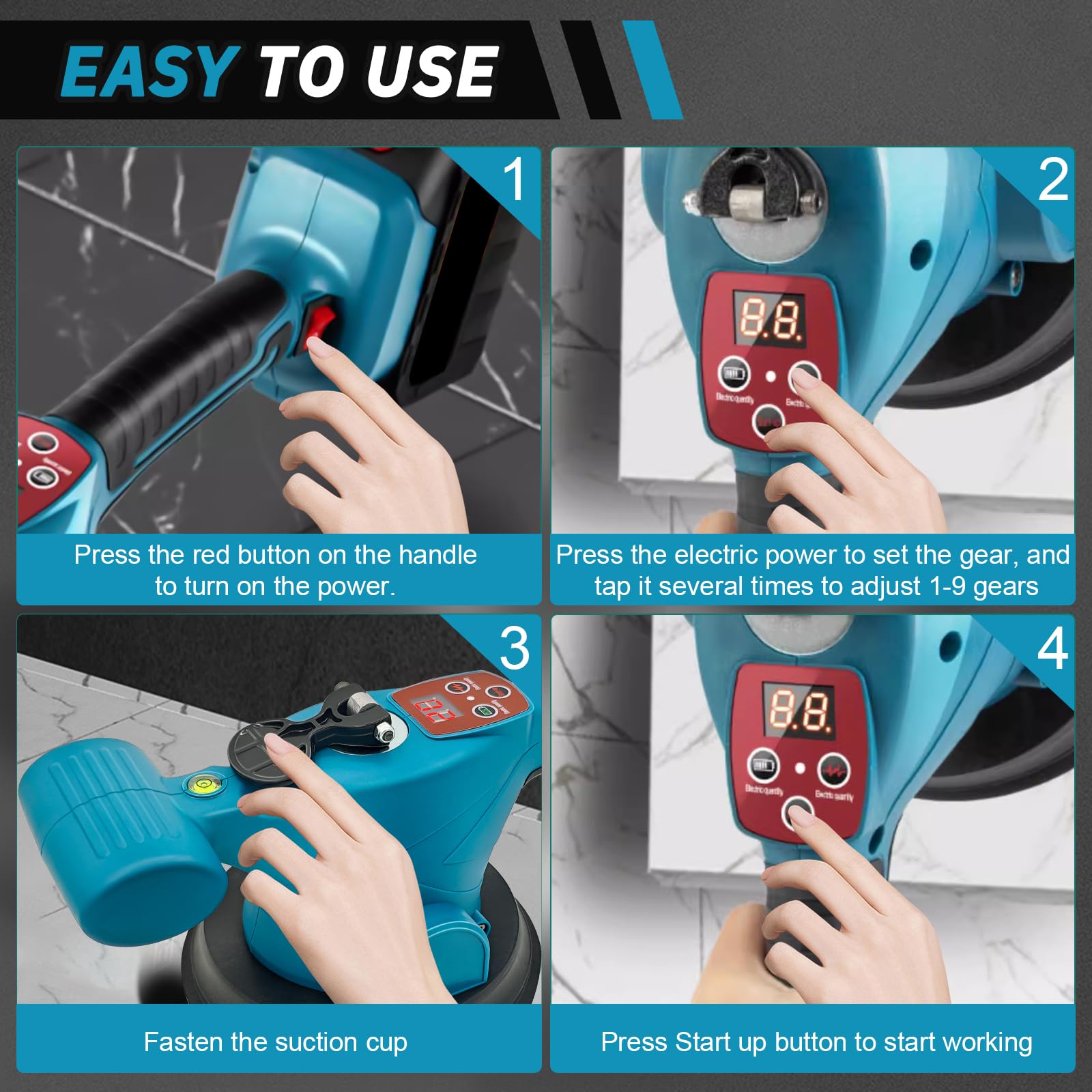 Professioneller Akku Fliesenleger, Fliesenvibrator kompatibel mit Makita 18V Akku, Fliesenlegergerät mit 9 verstellbaren Zahnrädern, 16cm Saugnapf und 200kg Adsorption zum Verlegen von 0,3-2m Fliesen