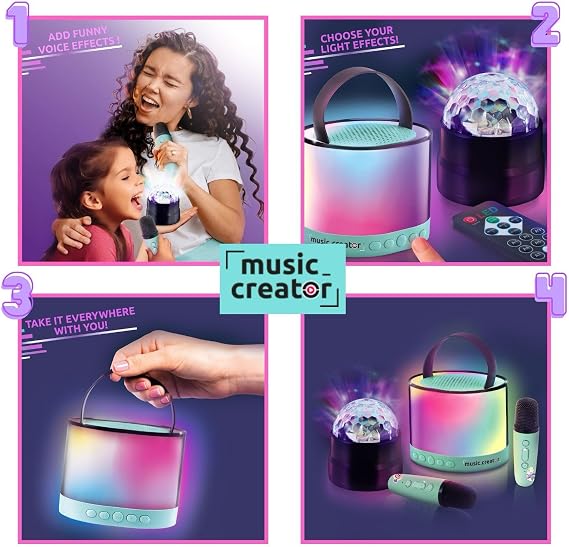 Music Creator Karaoke Station with Disco Ball – Portable Wireless Speaker with 2 Wireless Microphones, 11 LED Light Effects & 4 Voice Changing Effects | Kids Karaoke Machine & Party Speaker