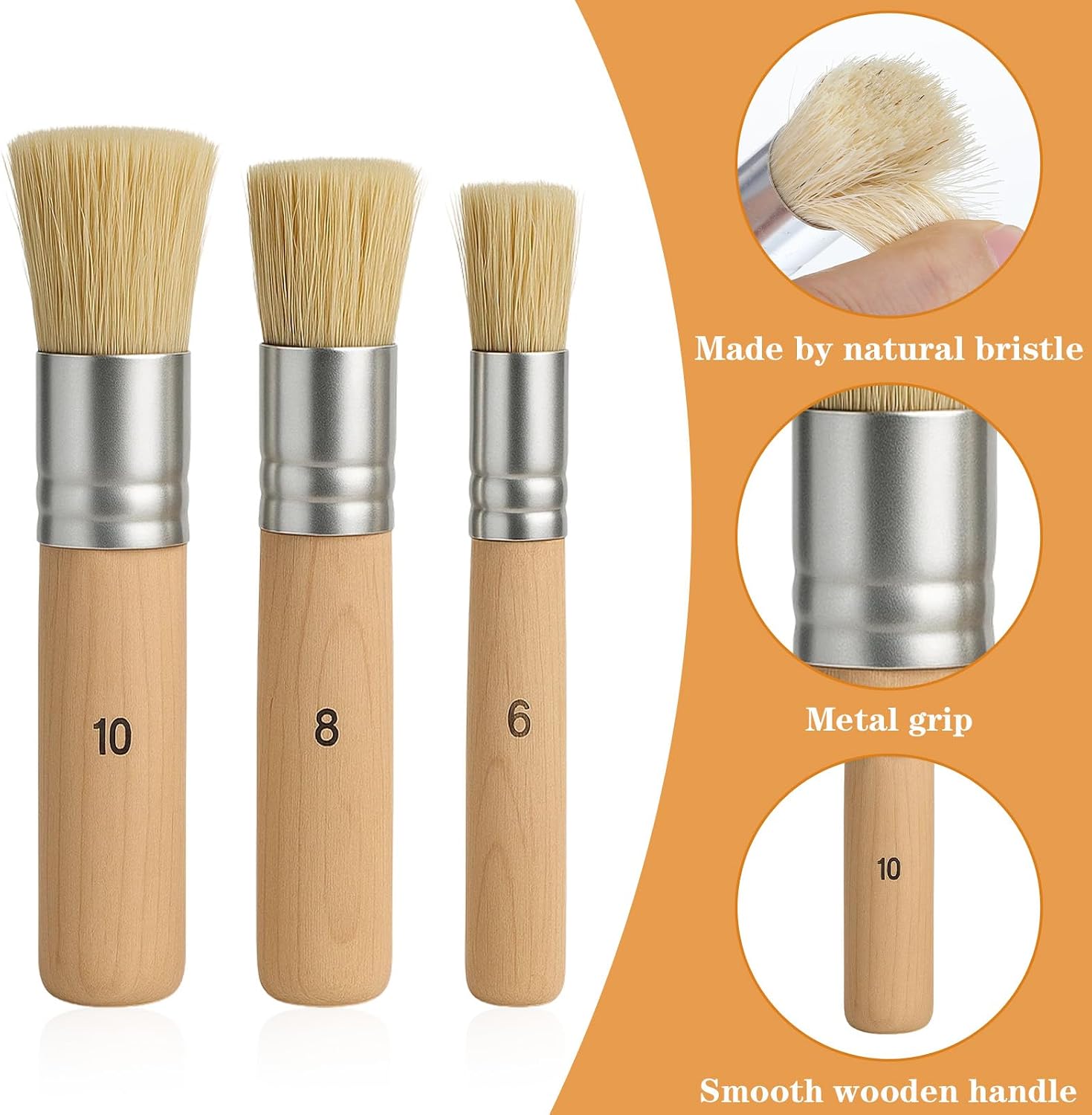 3 Pack Wooden Stencil Brush, Washable Bristle Stencils Brushes for Painting, Natural Bristle Stencil Brush for Acrylic Oil Watercolor Painting, Stencils Project, Card Making, DIY Art Crafts (6, 8, 10)