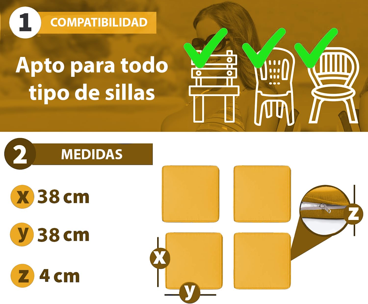 HAND Juego de 4 Cojines para Sillas de Cocina Made in Italy – Cojines para Sillas de Madera con Banda Elástica Antideslizante, Desenfundables con Cremallera, Relleno Incluido (Mostaza)