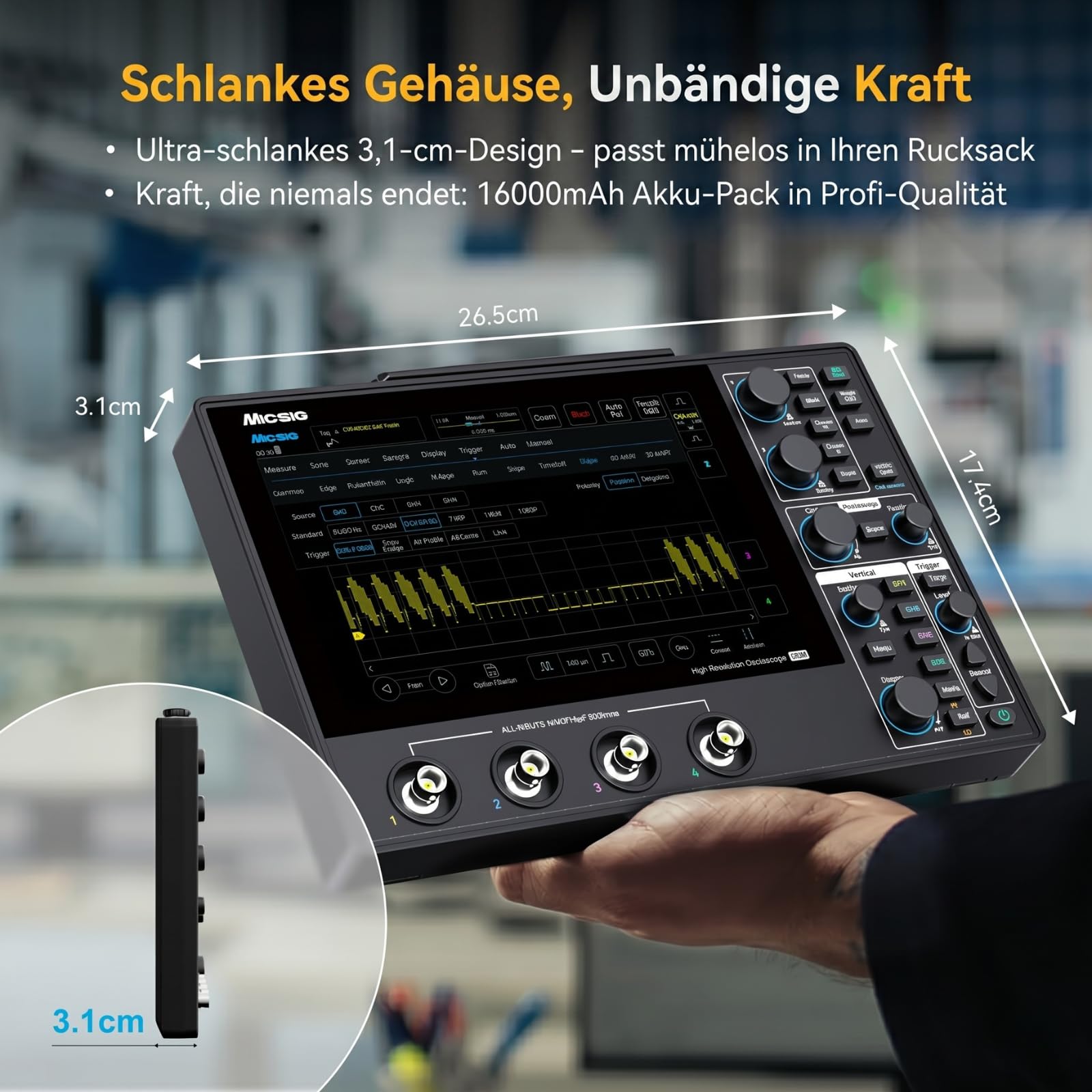 SainSmart Micsig 12-Bit Tablet-Oszilloskop MHO1, 100 MHz Bandbreite | Tragbares Handheld-Oszilloskop mit 4 Analogkanälen, 1 GSa/s Abtastrate, 8-Zoll-HD-Touchscreen und 16000-mAh-Akku