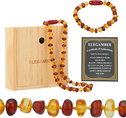 Handmade polished amber necklace Set -100% Certified and Authentic Baltic Amber - Solid wood gift box packaging, 12.5+5.5 inches red&cognac suit