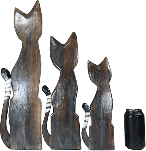 Miniatura 7 de Ebros Gift Balikraft Kucing Banyuwangi - Juego de 3 figuras decorativas decorativas de artesanía de madera tallada a mano con orejas grandes a