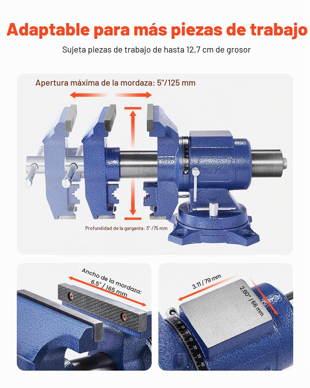 VEVOR Tornillo de Banco de Alta Resistencia con Yunque Ancho de Mordaza de 165 mm Apertura Máxima de 125 mm Cabezal de Base Giratorio de 360°, Garganta de 75 mm Fuerza de Sujeción de 24,98 kN