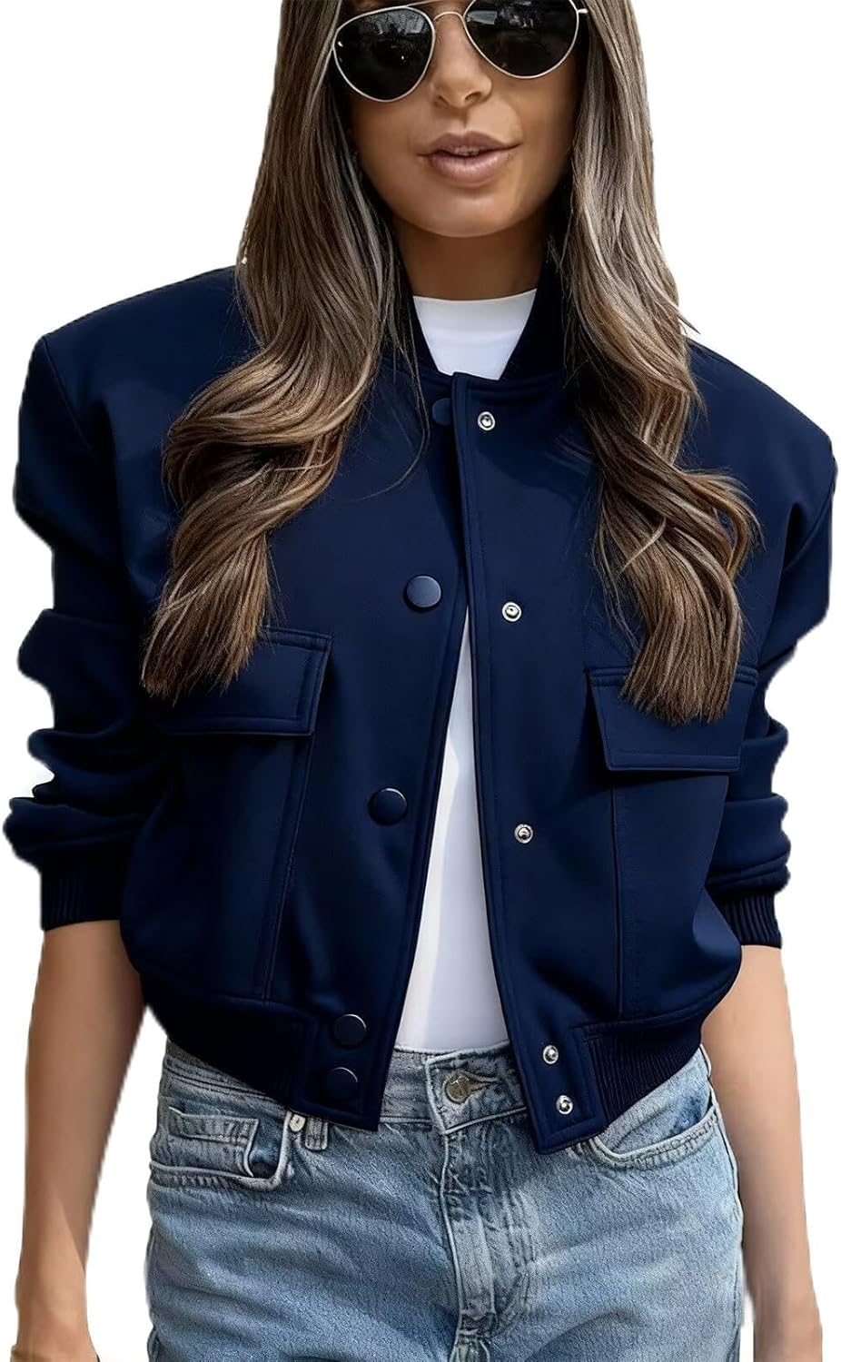 imbpceu Women Bomber Jacket Casual Long Sleeve Button Down Varsity Jackets with Pockets